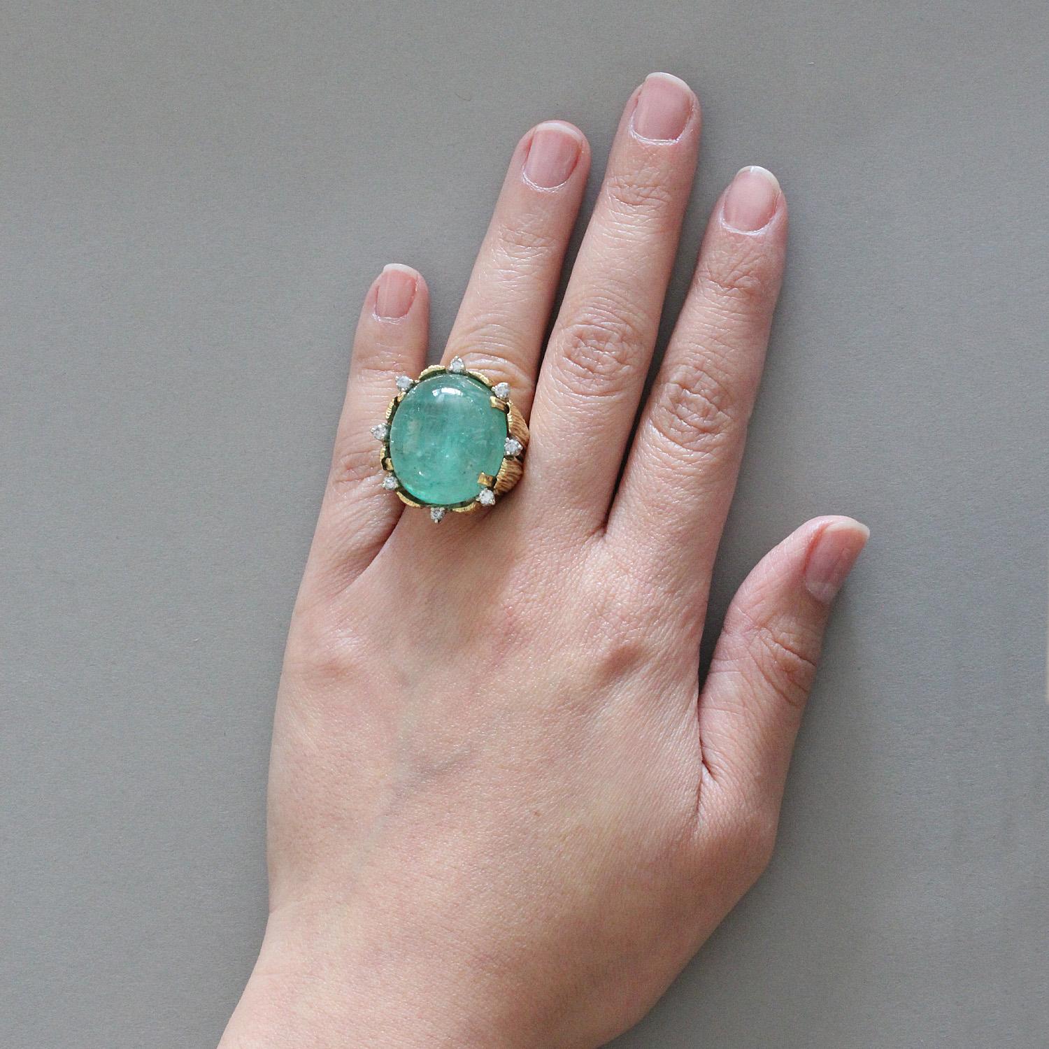 Women's Large Cabochon Emerald Diamond Gold Cocktail Ring