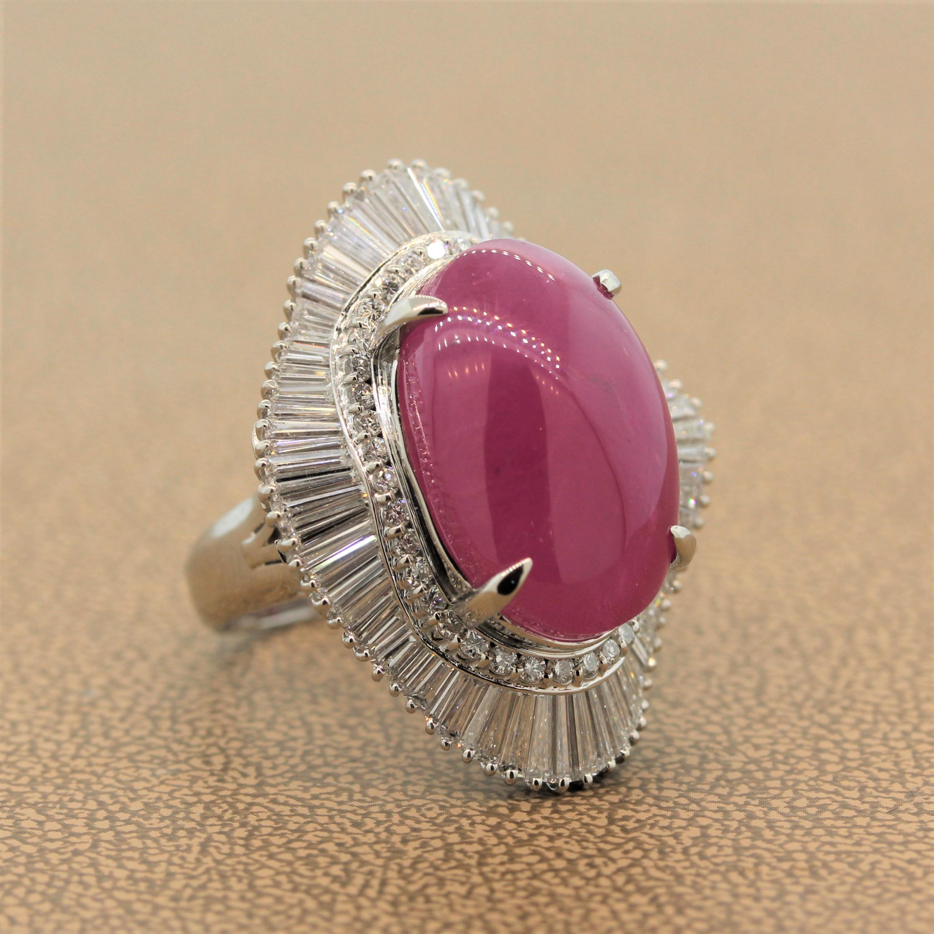 Large Cabochon Ruby Diamond Platinum Cocktail Ring In New Condition In Beverly Hills, CA