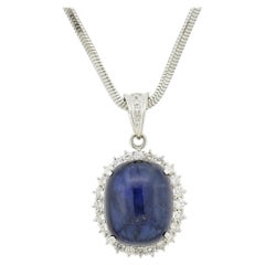 Large Cabochon Sapphire Diamond Halo Platinum Pendant, AGL Certified