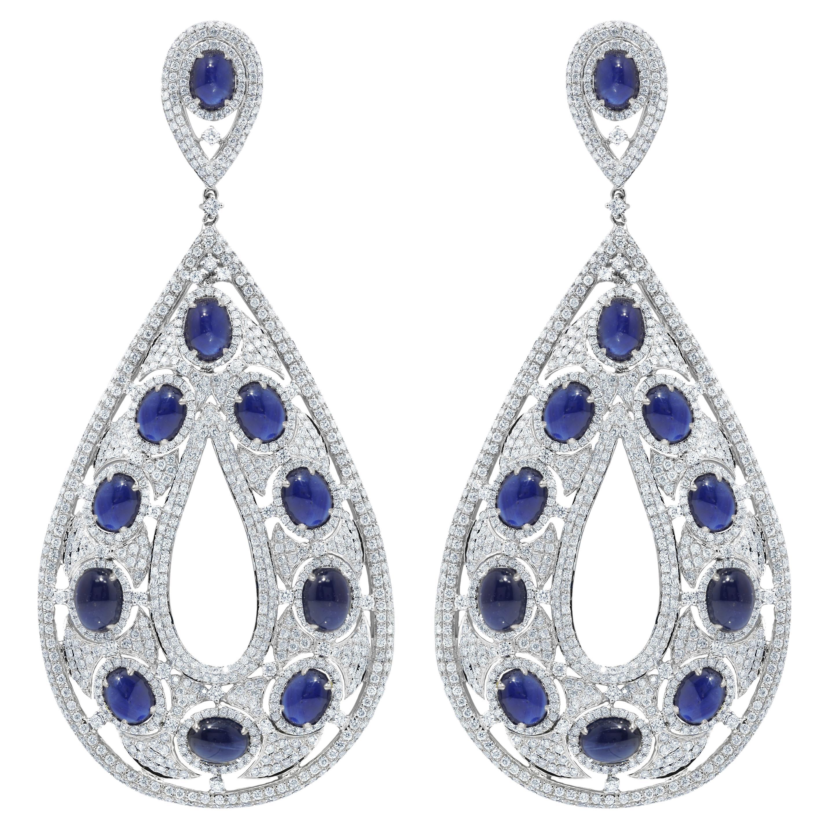 Large cabochon sapphires and Diamond Earrings For Sale