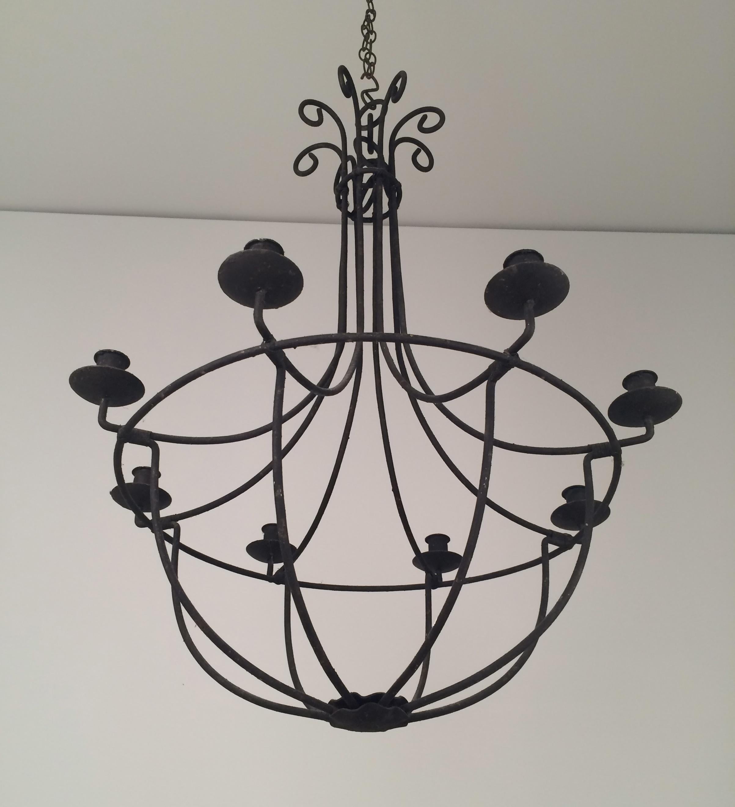 Neoclassical Large Cage Wrought Iron Chandelier, French, circa 1970