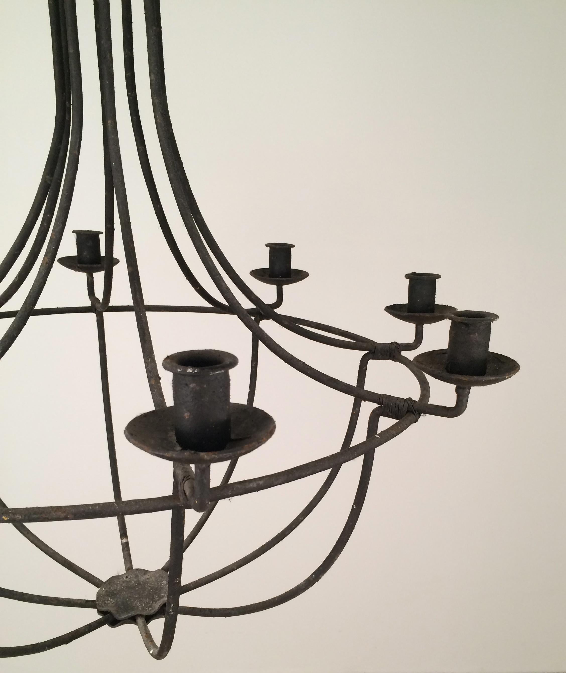 Large Cage Wrought Iron Chandelier, French, circa 1970 In Good Condition In Marcq-en-Barœul, Hauts-de-France