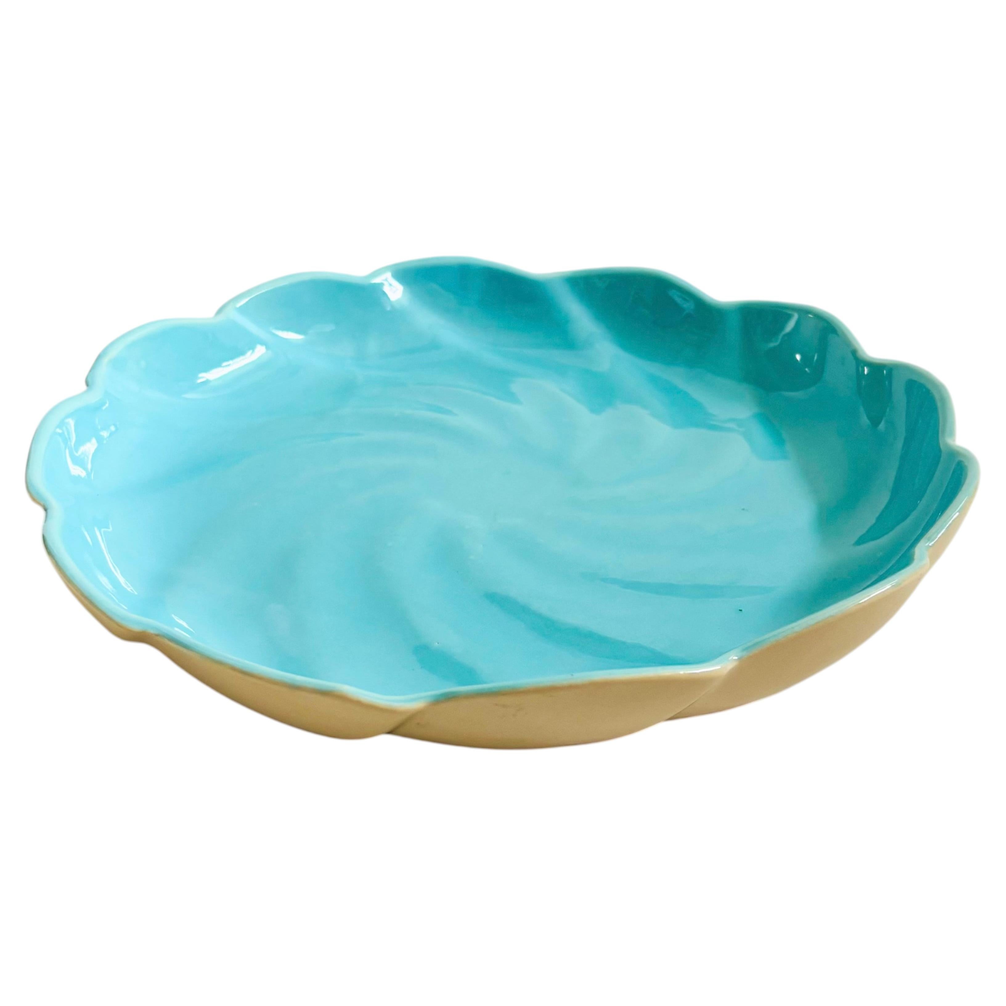 Large California Pottery Turquoise and Cream Circular Tray