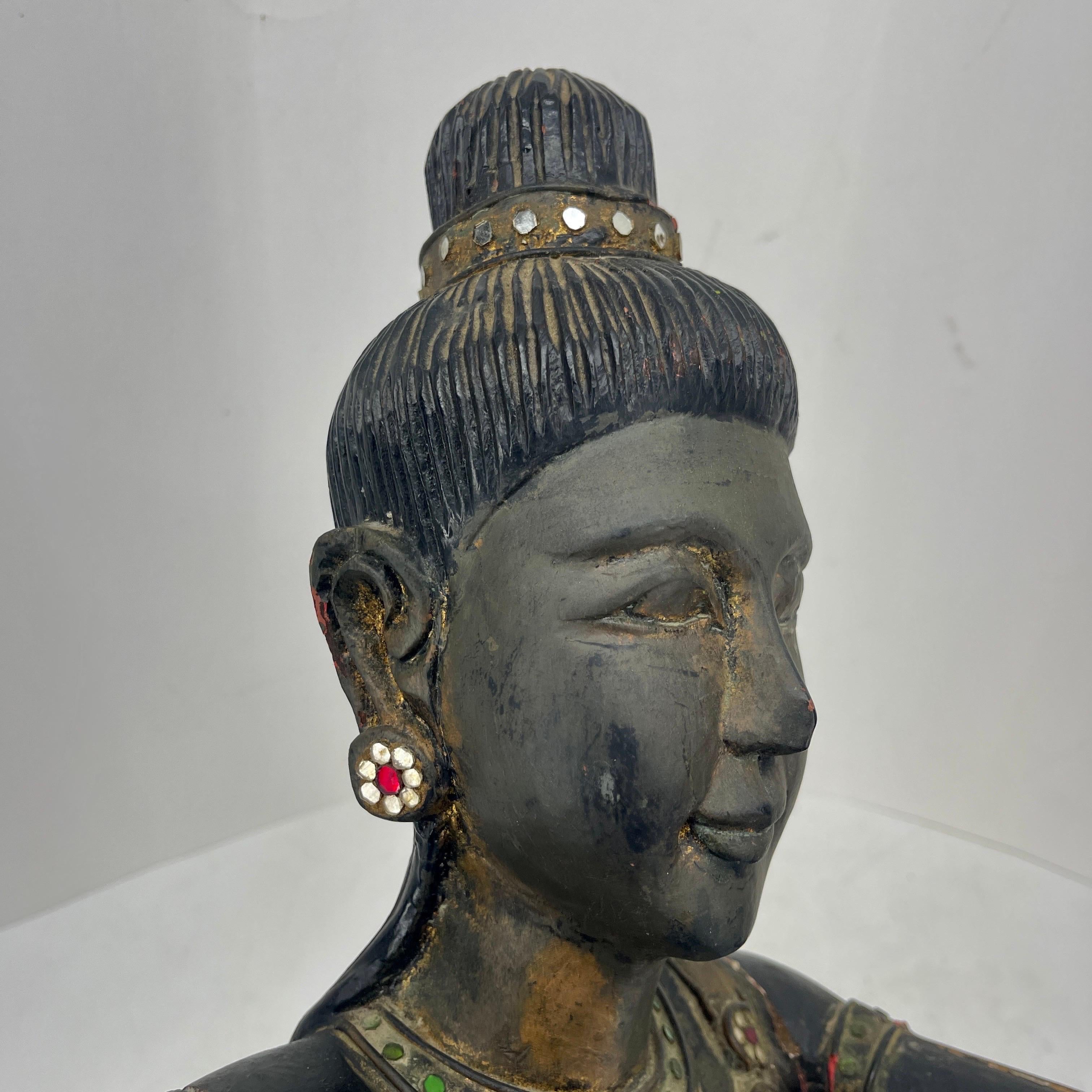 Large Cambodian Black Painted Sitting Buddha Sculpture, circa 1920s For Sale 5