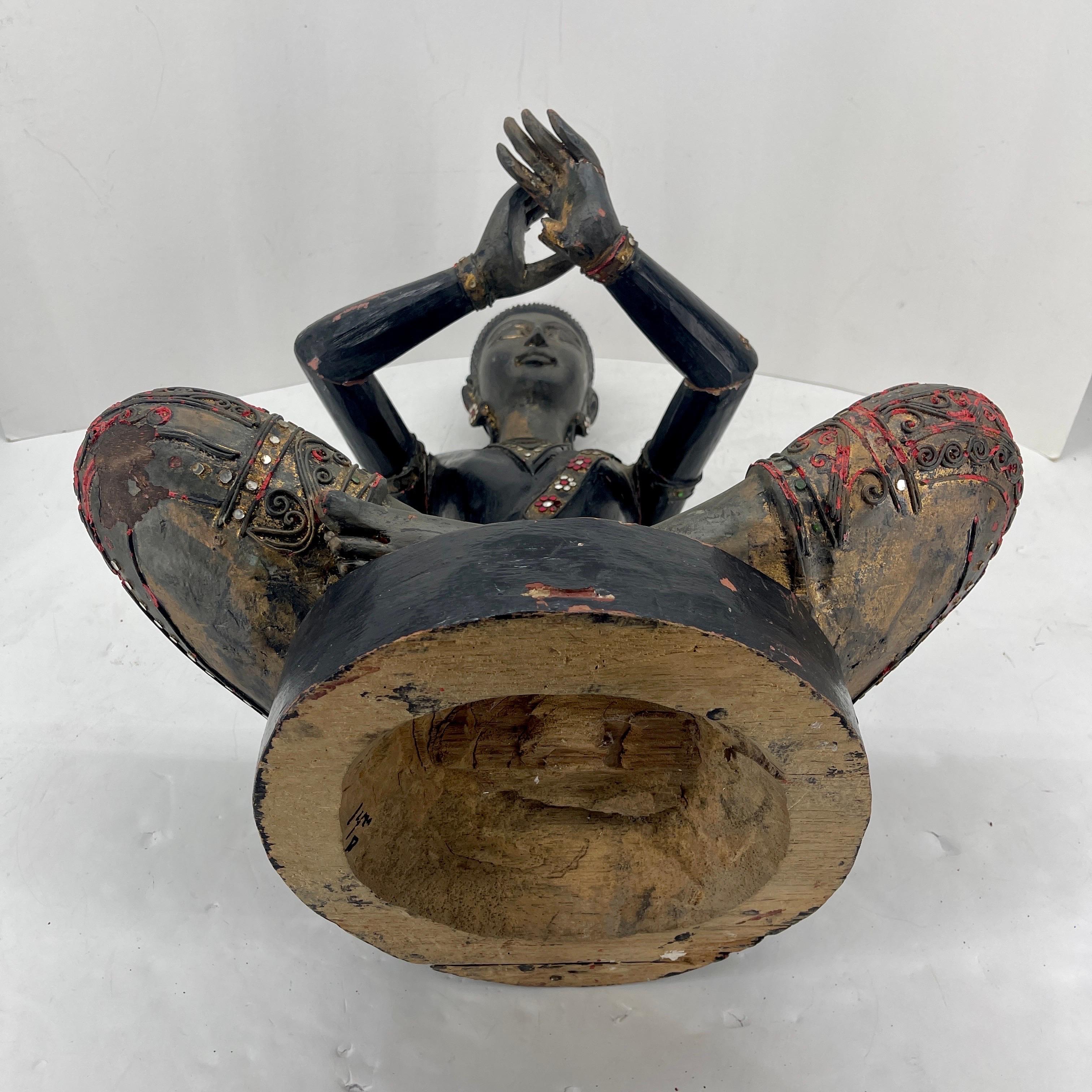 Large Cambodian Black Painted Sitting Buddha Sculpture, circa 1920s For Sale 14