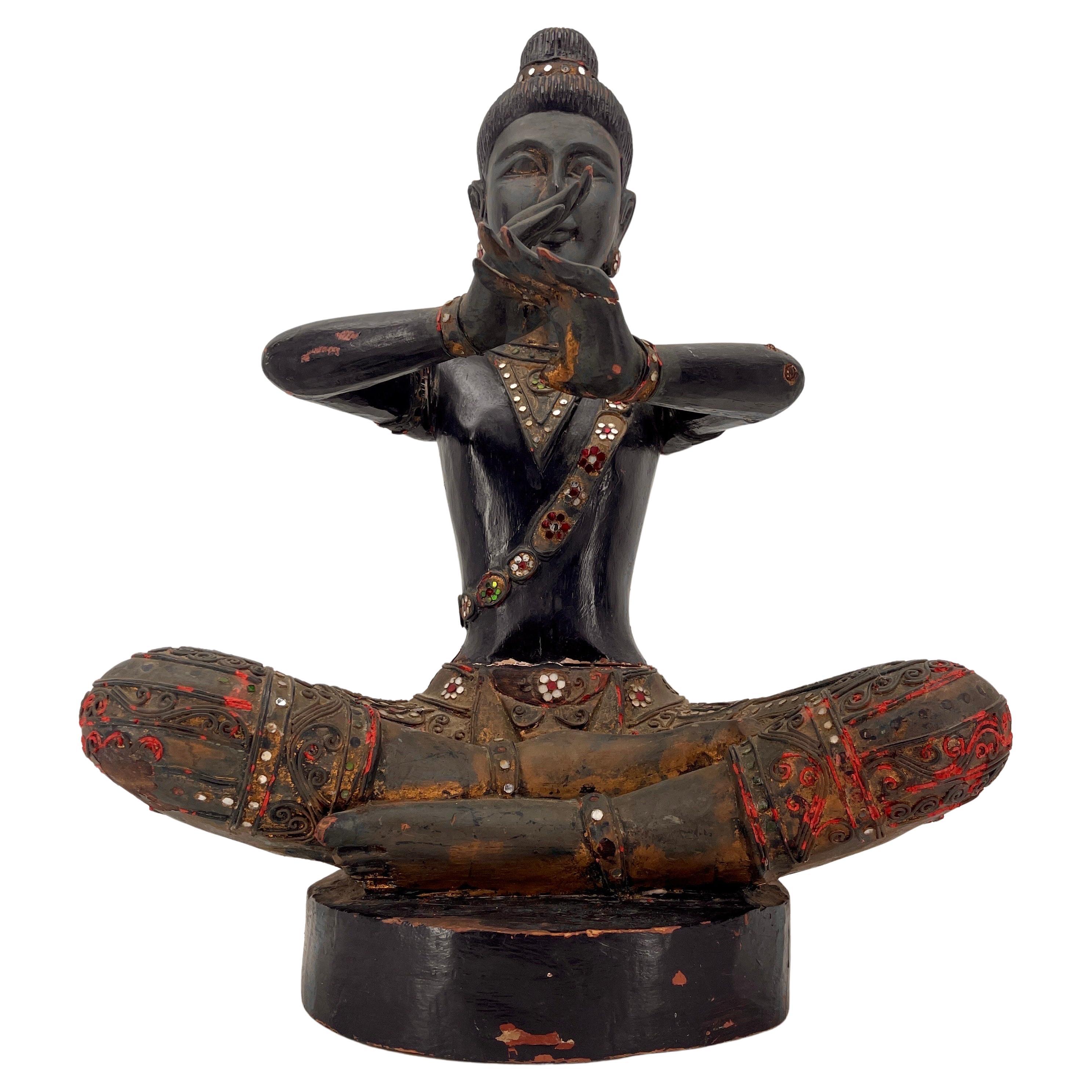 Hand-Painted Large Cambodian Black Painted Sitting Buddha Sculpture, circa 1920s For Sale
