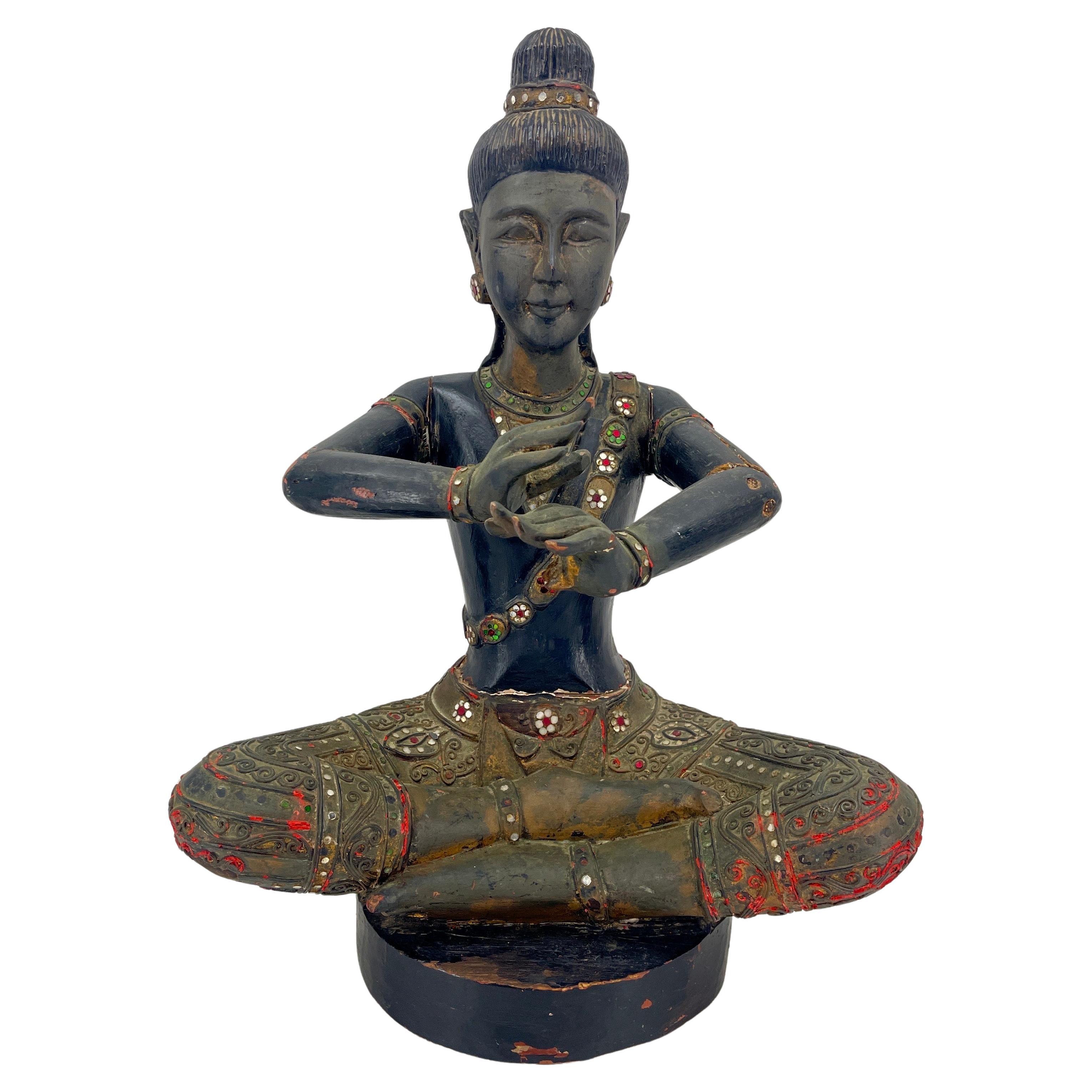 Large Cambodian Black Painted Sitting Buddha Sculpture, circa 1920s In Good Condition For Sale In Haddonfield, NJ