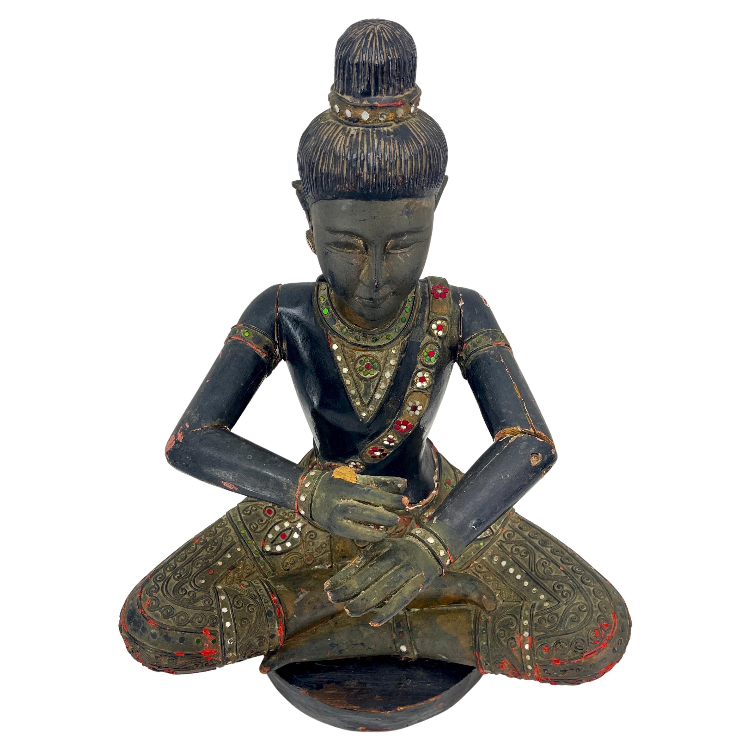 Early 20th Century Large Cambodian Black Painted Sitting Buddha Sculpture, circa 1920s For Sale