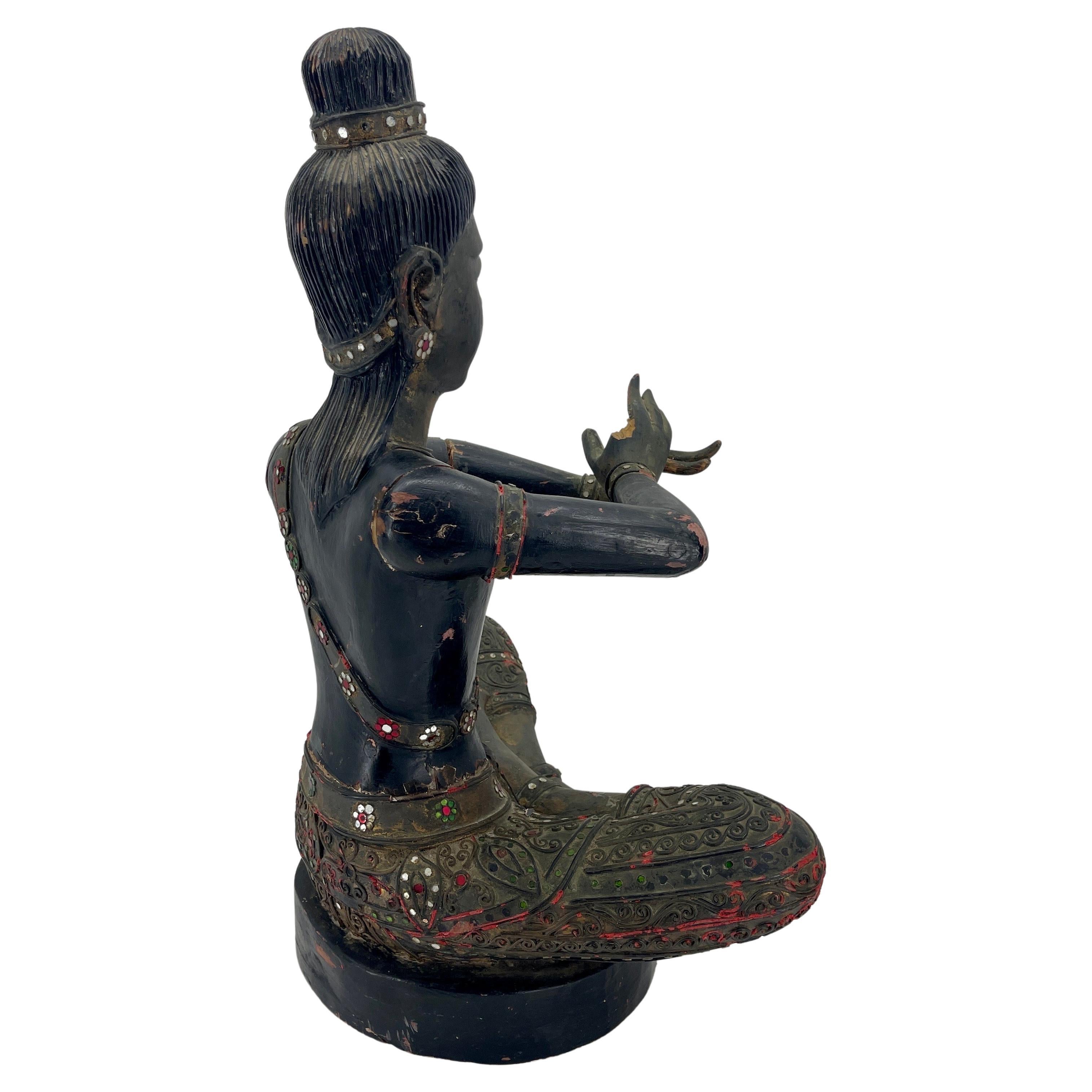 Wood Large Cambodian Black Painted Sitting Buddha Sculpture, circa 1920s For Sale