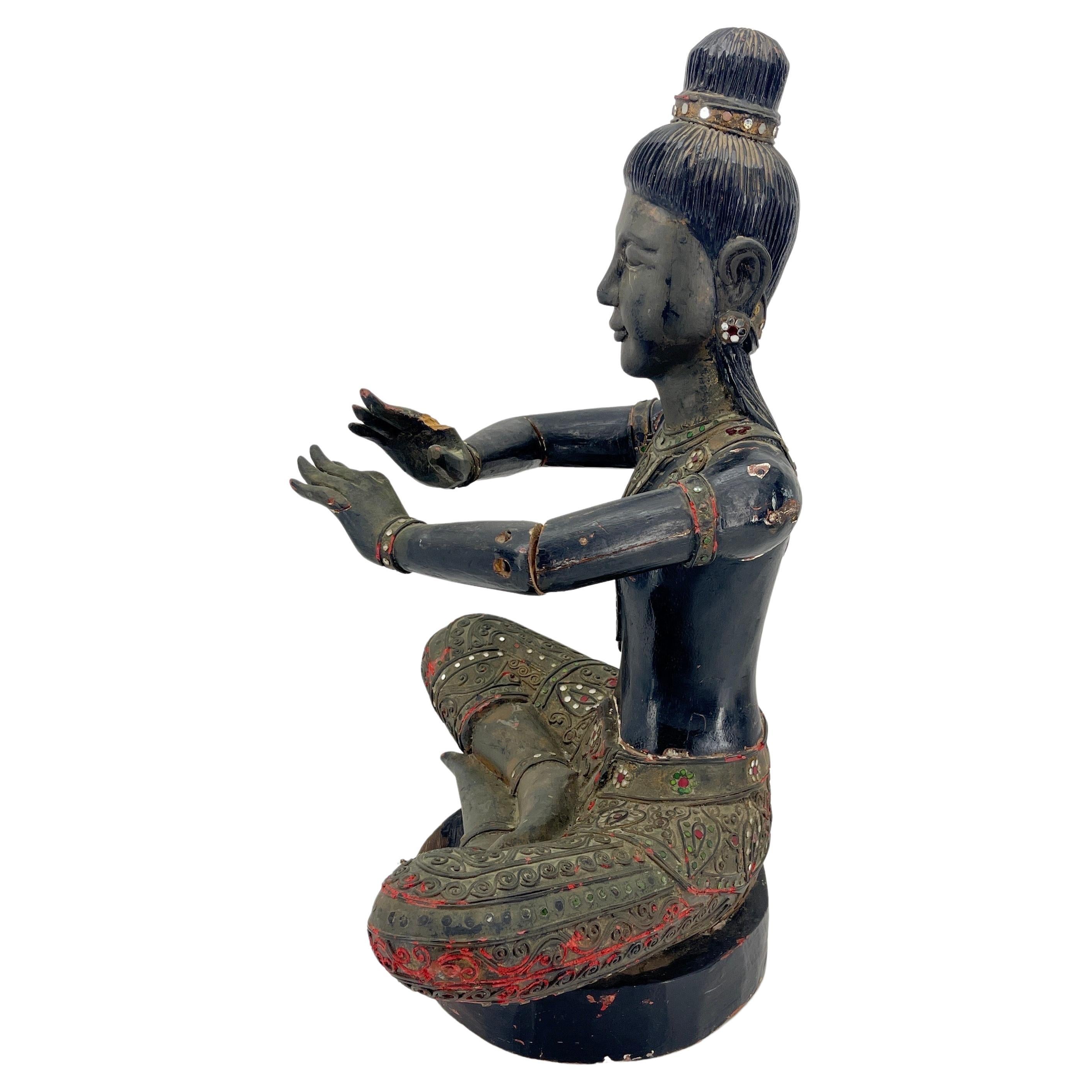 Large Cambodian Black Painted Sitting Buddha Sculpture, circa 1920s For Sale 2