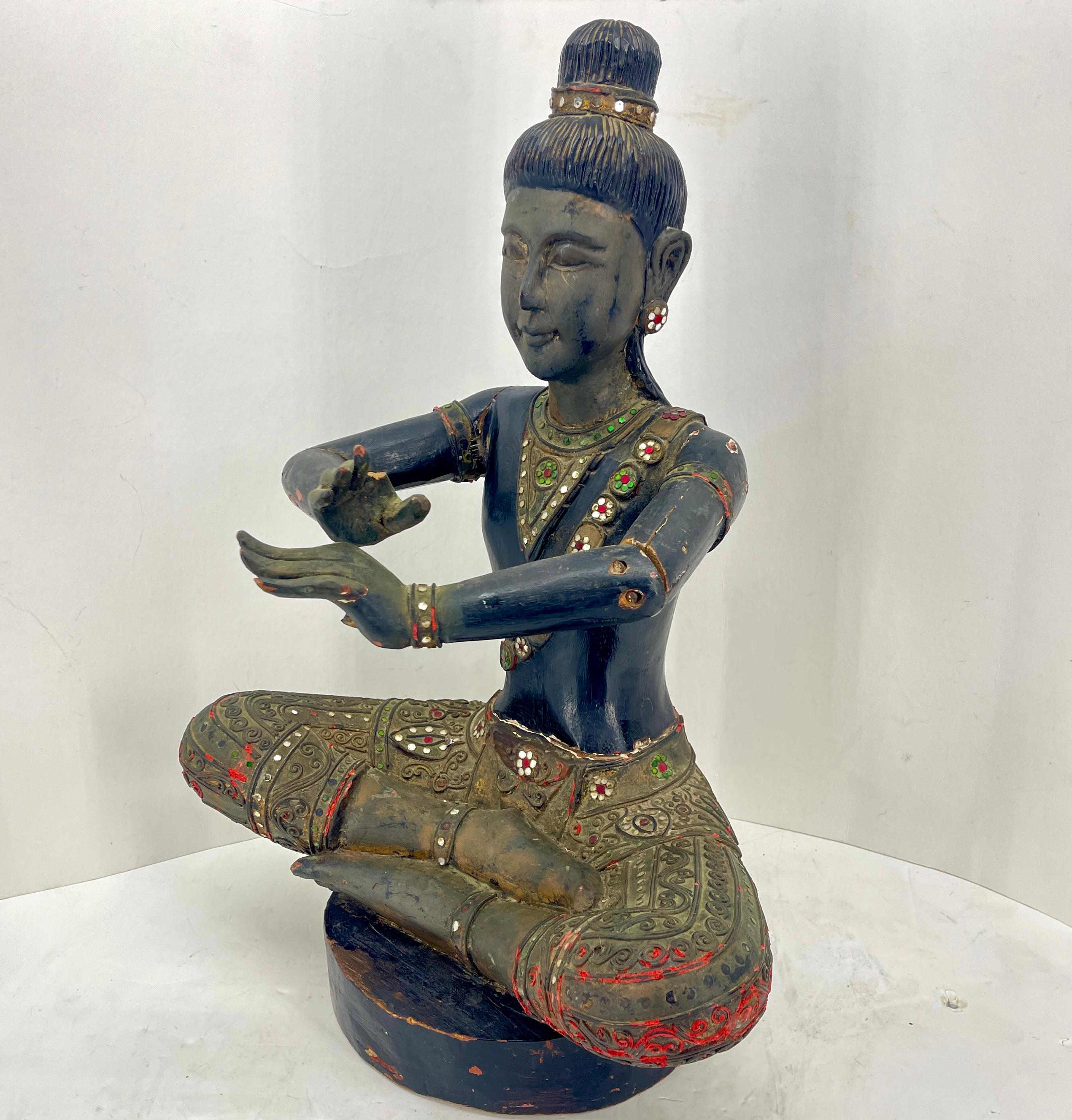 Large Cambodian Black Painted Sitting Buddha Sculpture, circa 1920s For Sale 3