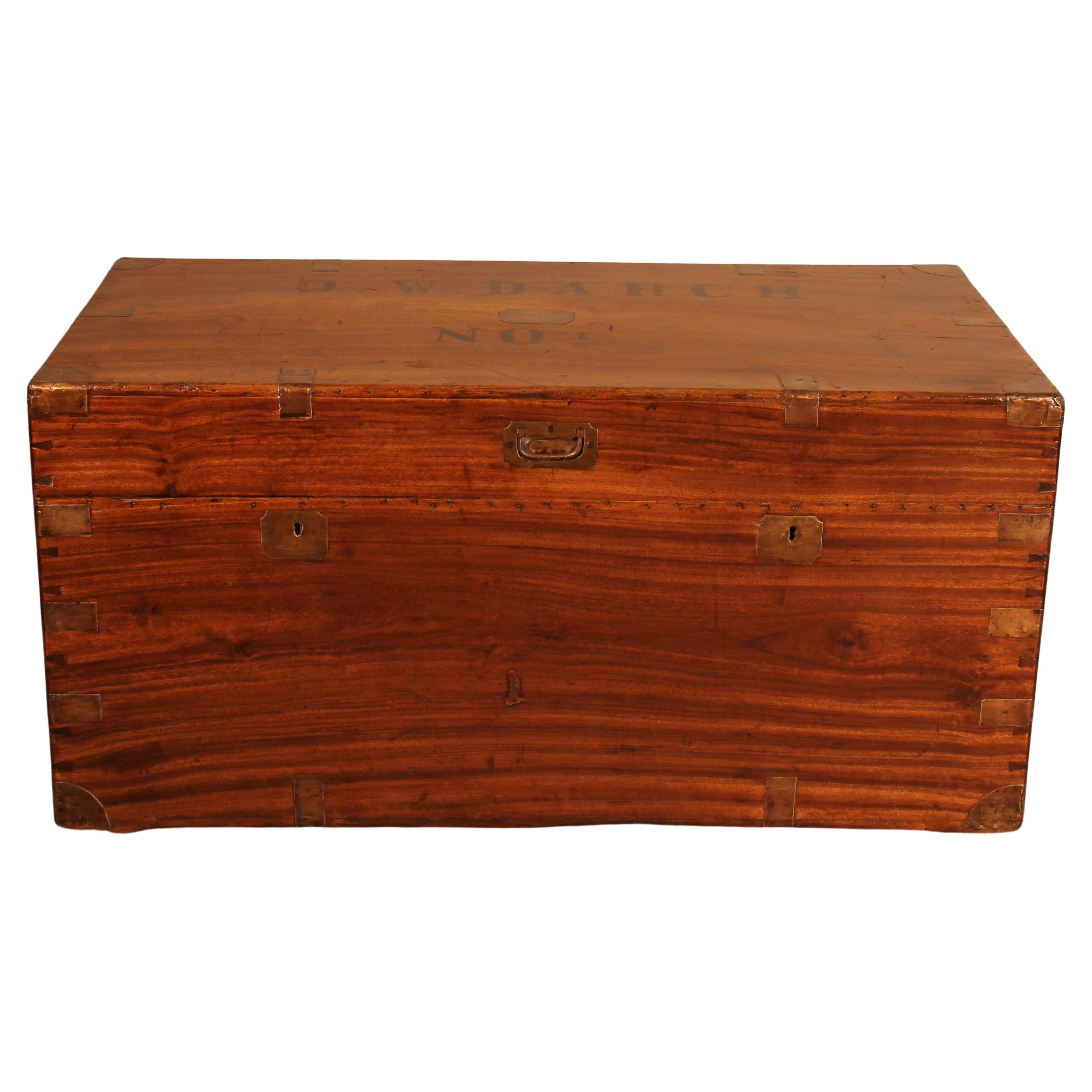 Large Campaign Chest of Captain 0.W Darch N ° 1 in Camphor Wood from 19th Ce