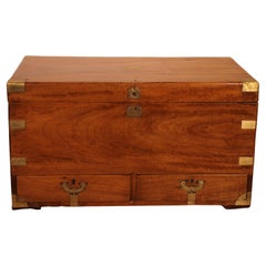 Large Campaign / Marine Chest in Camphor Wood from the 19th Century with Two Dra