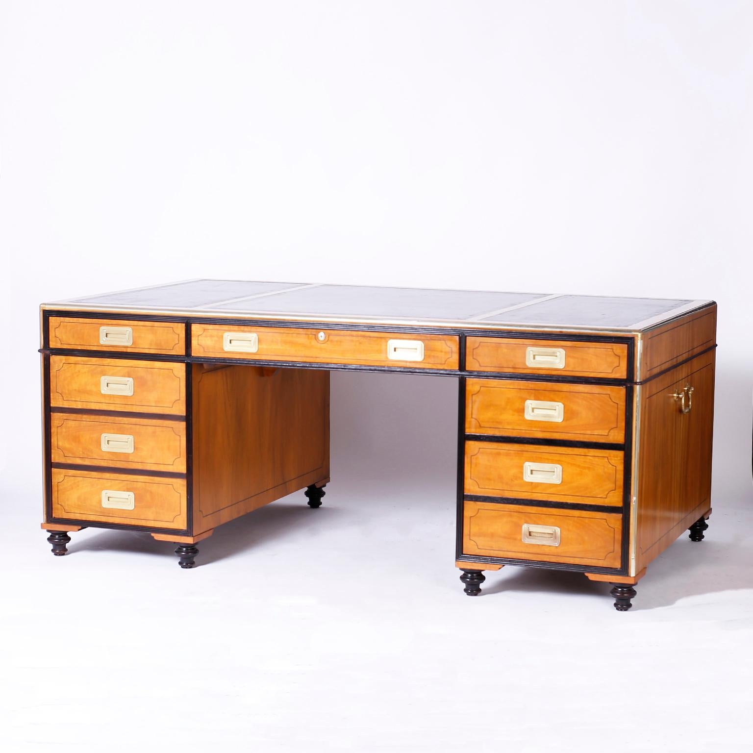 Large Campaign Style Partners Desk In Good Condition In Palm Beach, FL
