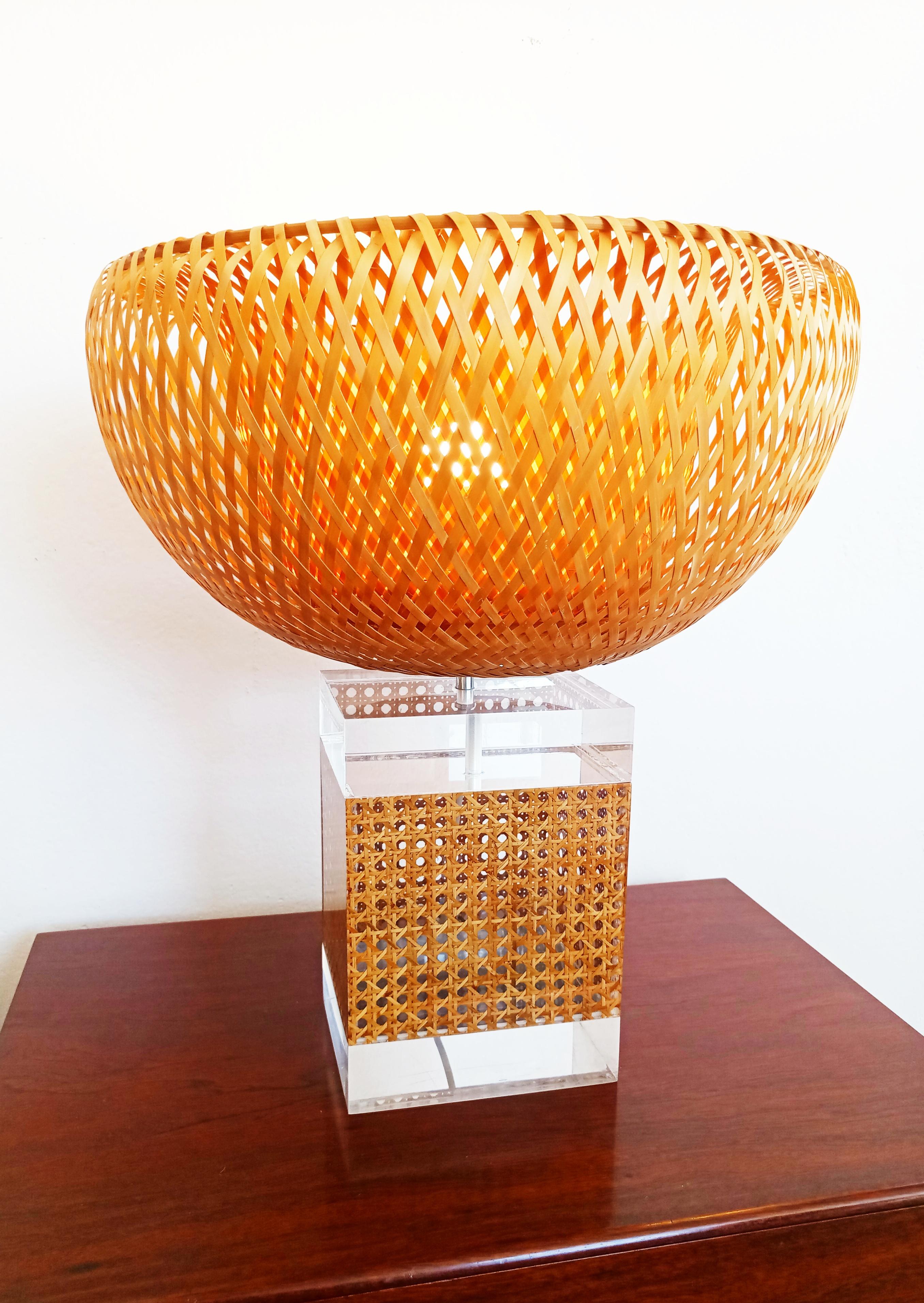 Large Caning and Lucite Table Lamp, France, 1970s For Sale 4