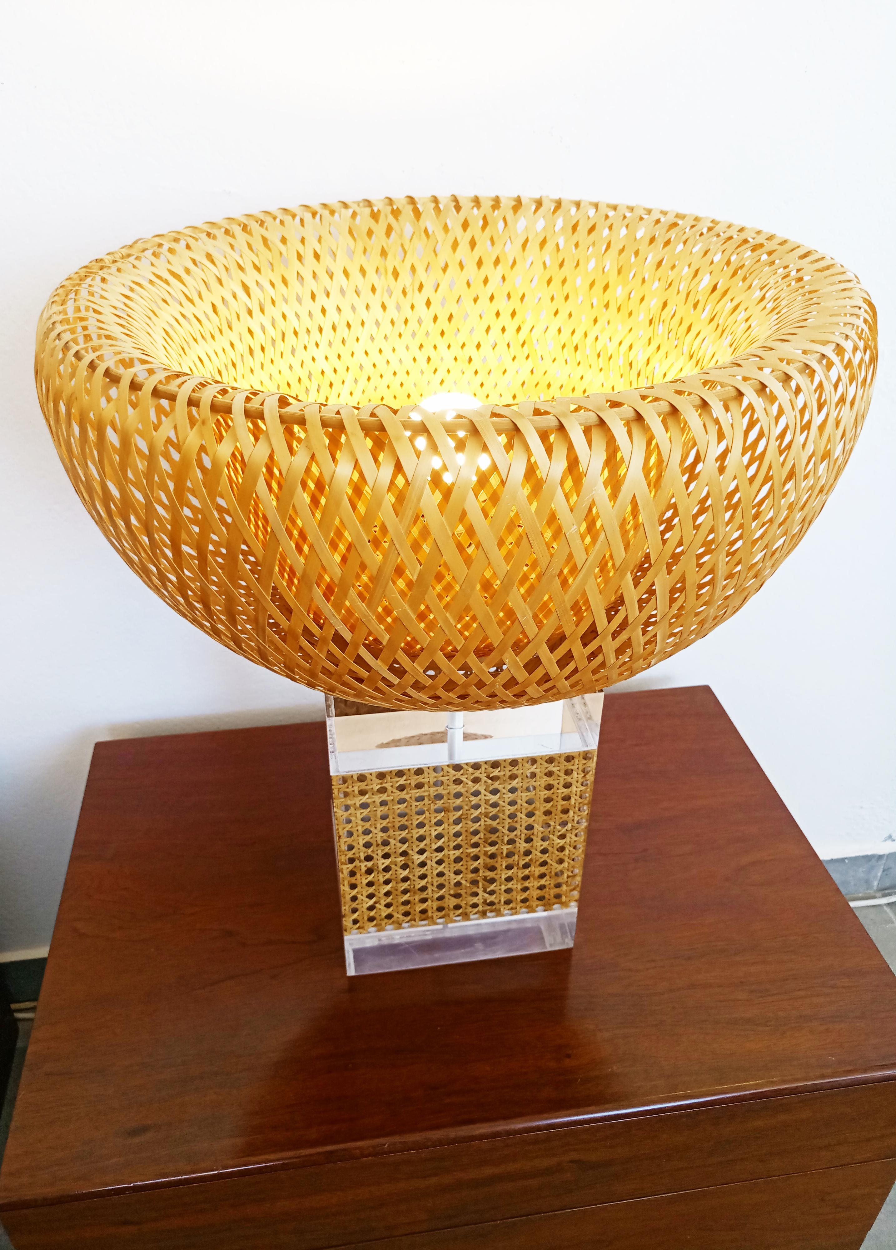 Cane Large Caning and Lucite Table Lamp, France, 1970s For Sale