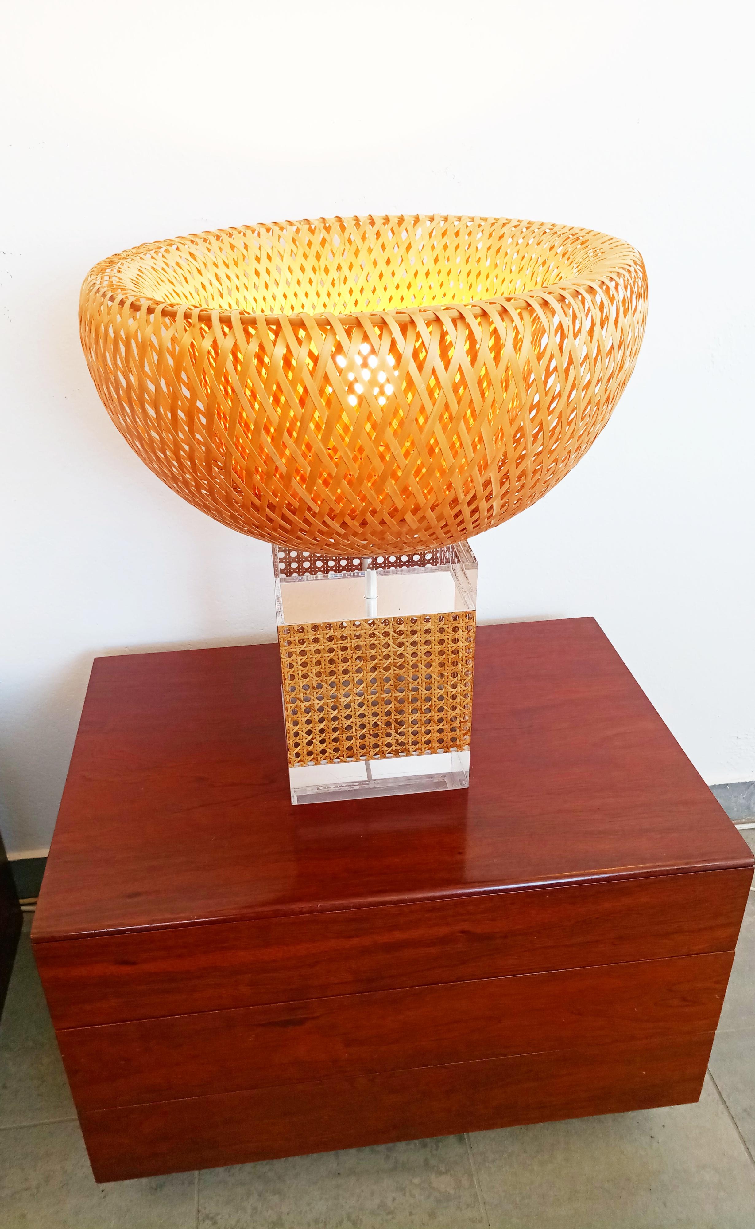 Large Caning and Lucite Table Lamp, France, 1970s For Sale 1