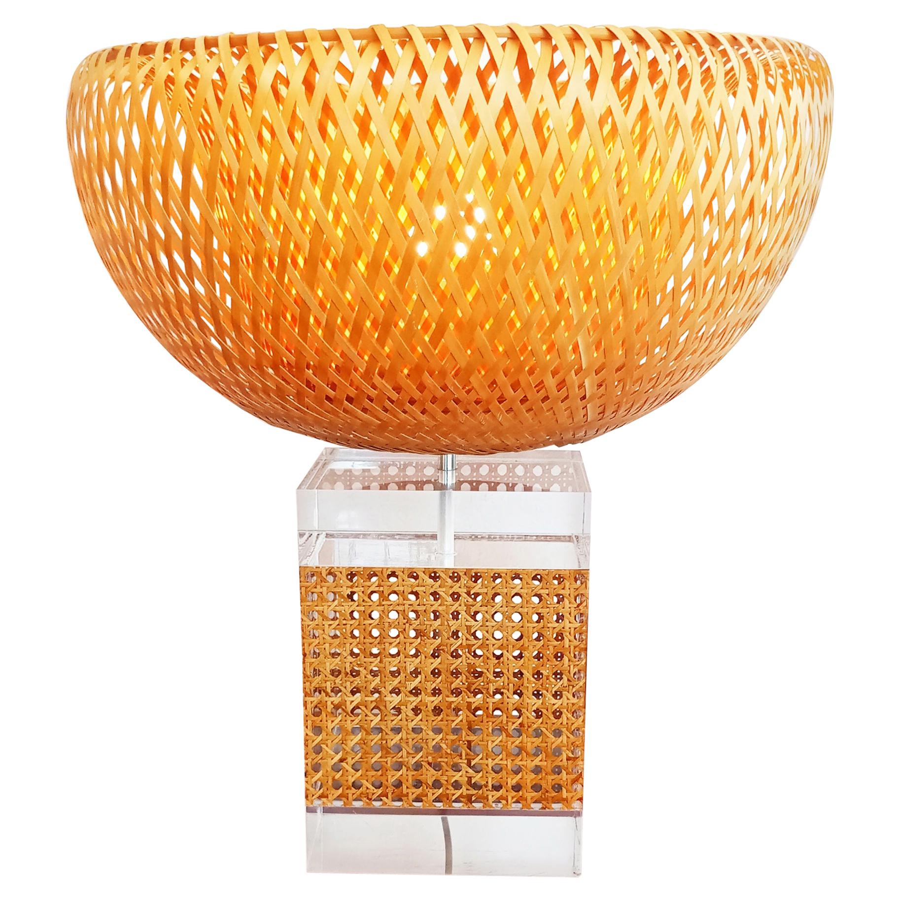 Large Caning and Lucite Table Lamp, France, 1970s