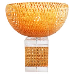 Grande lampe de bureau en rotin et lucite, France, années 1970