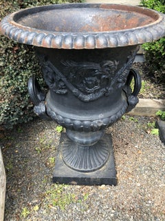Large Capagna Form Pair of Black Cast Iron Planters Urns