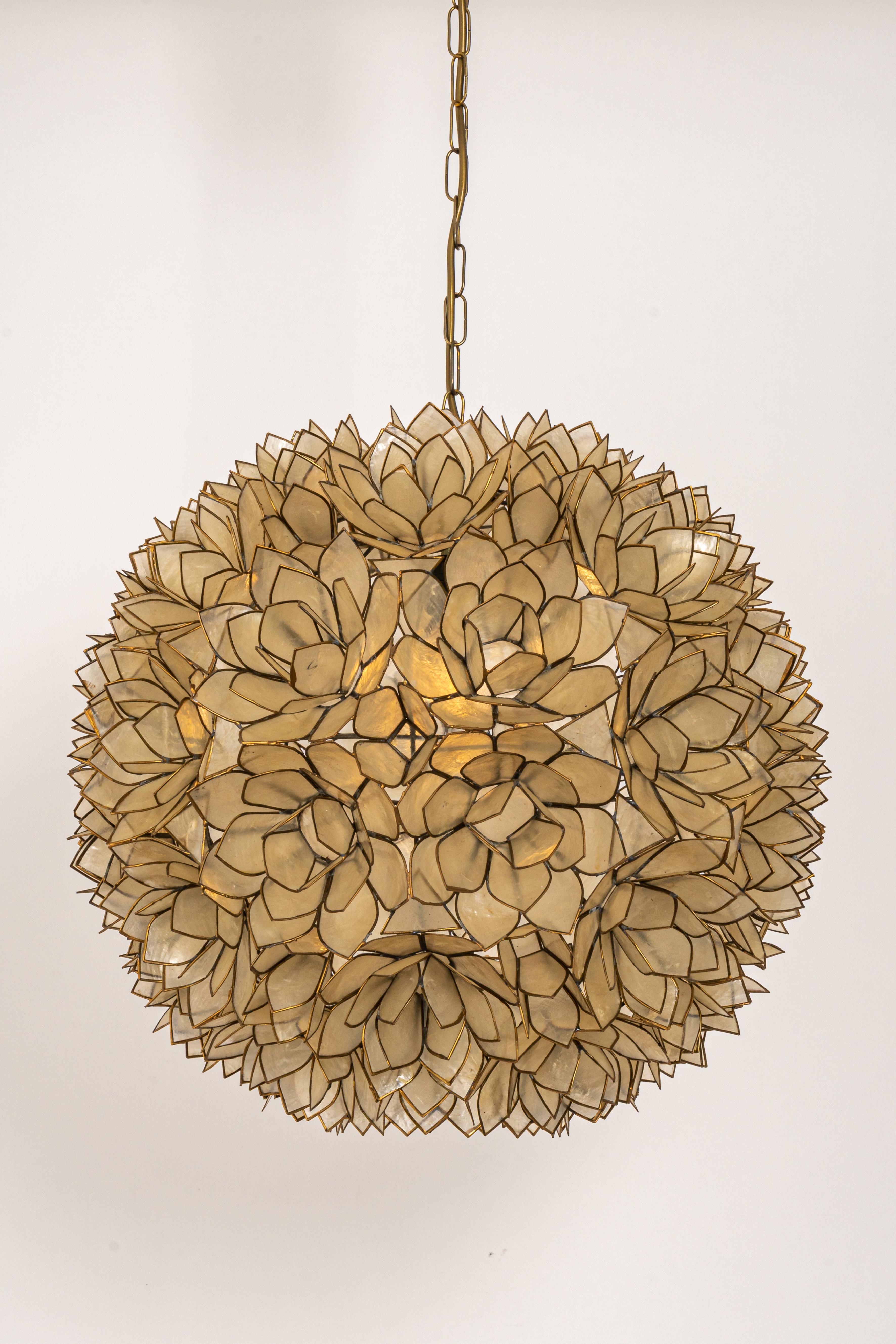 Large Capiz Shell Lotus Ball Chandelier Pendant Light, Germany, 1960s In Good Condition In Aachen, NRW