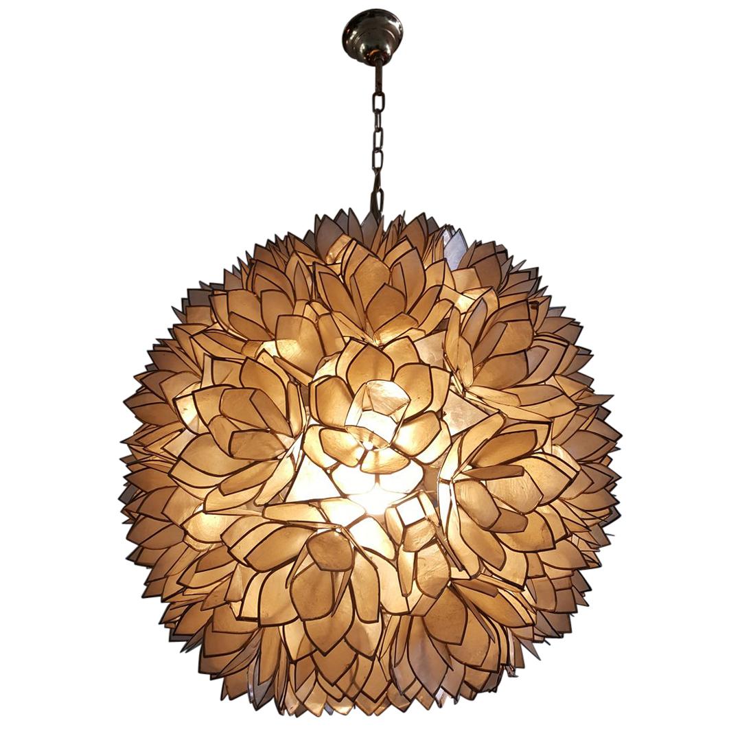 Large Capiz-Shell Pendant Light, Lotus Ball Light with Brass