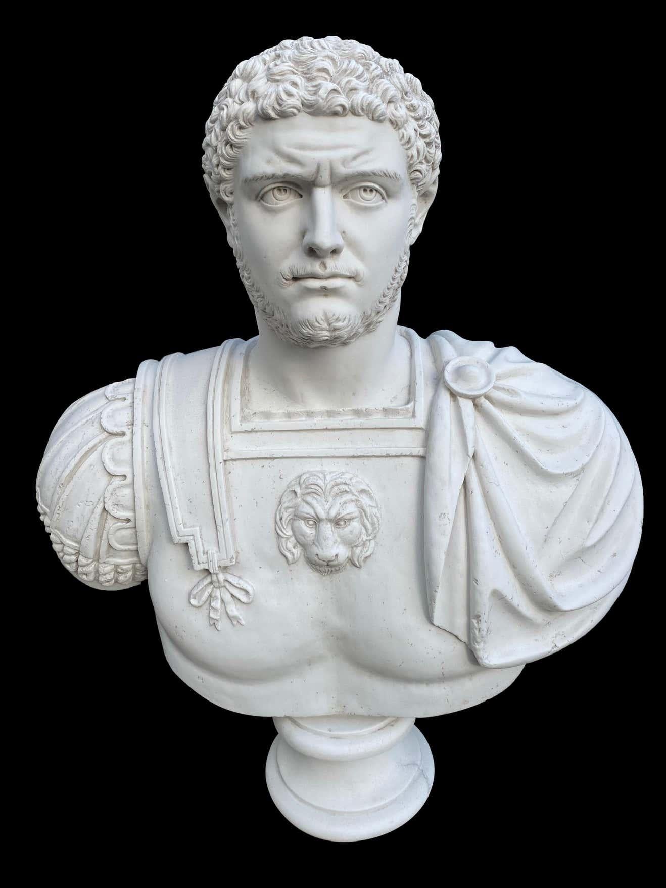 Caracalla Roman Emperor Grand Tour bust sculpture, 20th century.

This bust of Caracalla depicts him as a powerful man, of the large stature he was, and was purchased by a large English estate, from a 18th century Italian studio, later sold in