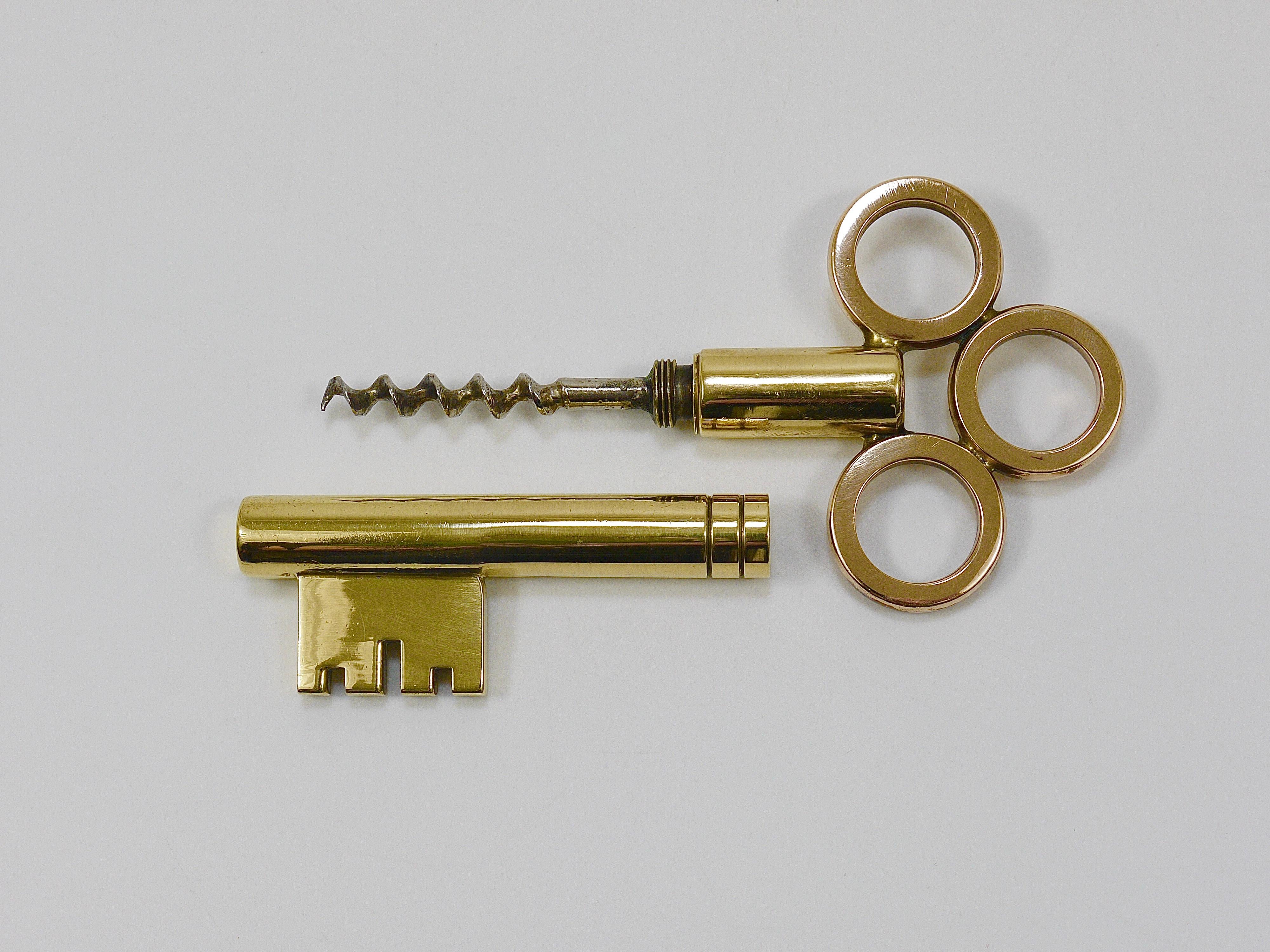 20th Century Large Carl Aubock Brass Key Corkscrew Bottle Opener Paperweight, Austria, 1950s For Sale