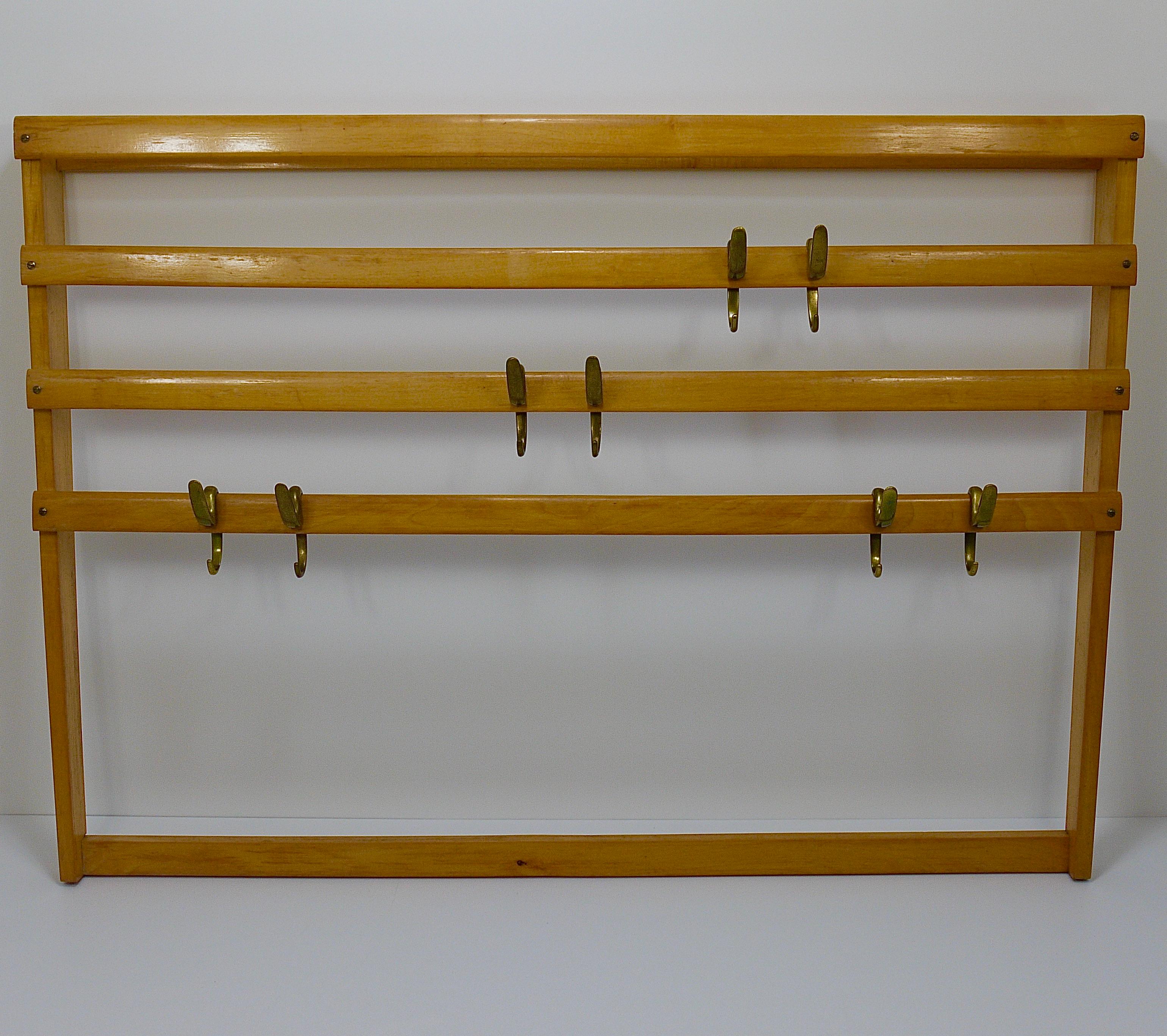 Patinated Large Carl Auböck Mid-Century Coat Rack Beech Wardrobe with 8 Brass Hooks, 1950s For Sale