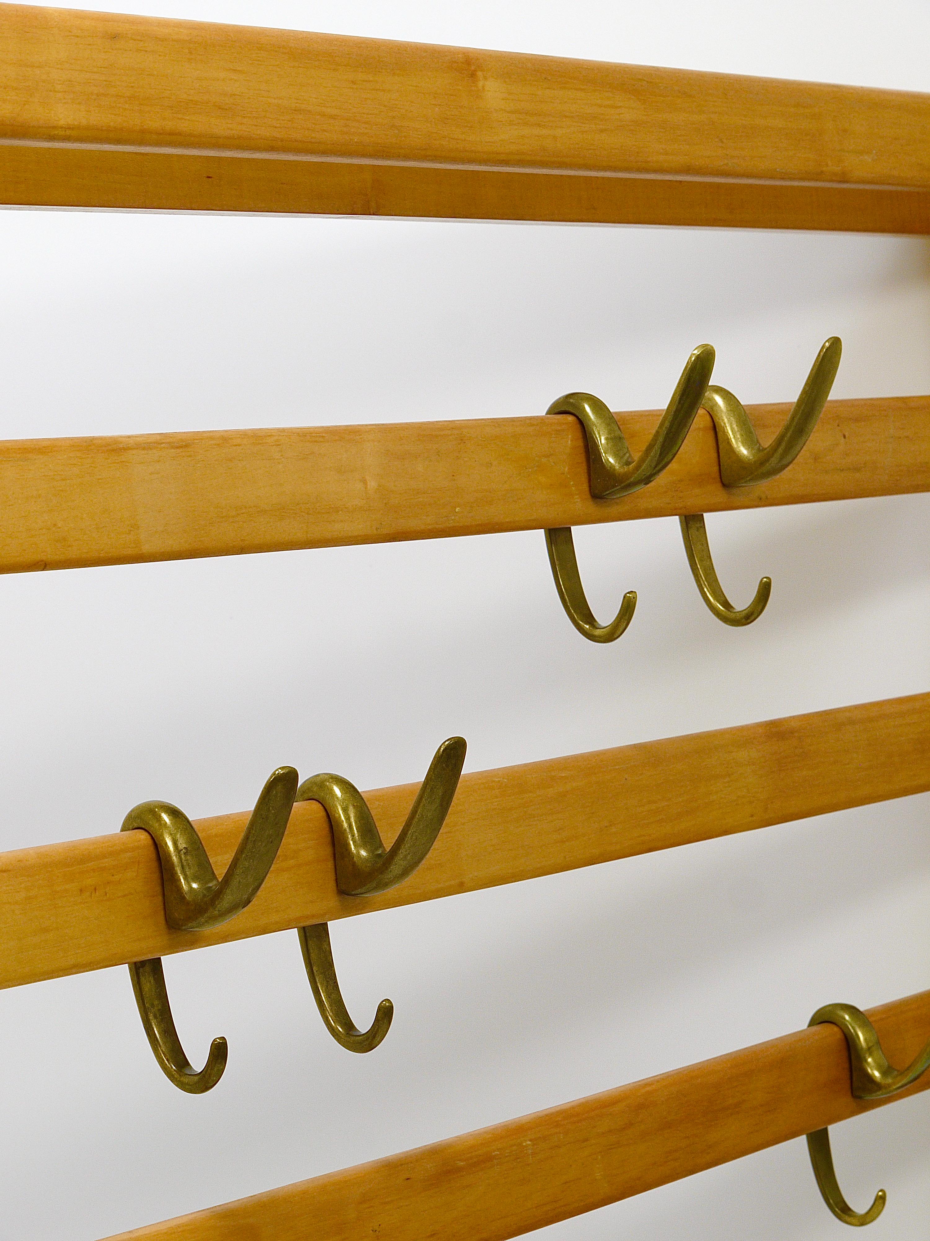 Large Carl Auböck Mid-Century Coat Rack Beech Wardrobe with 8 Brass Hooks, 1950s For Sale 1