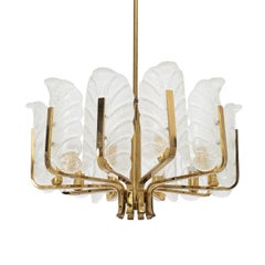 Large Carl Fagerlund Glass Leaves Brass Chandelier by Orrefors, 60s
