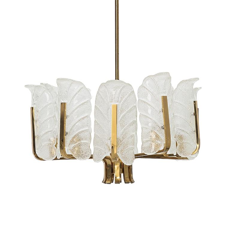 Mid-Century Modern Large Carl Fagerlund Glass Leaves Brass Chandelier by Orrefors, 60s For Sale