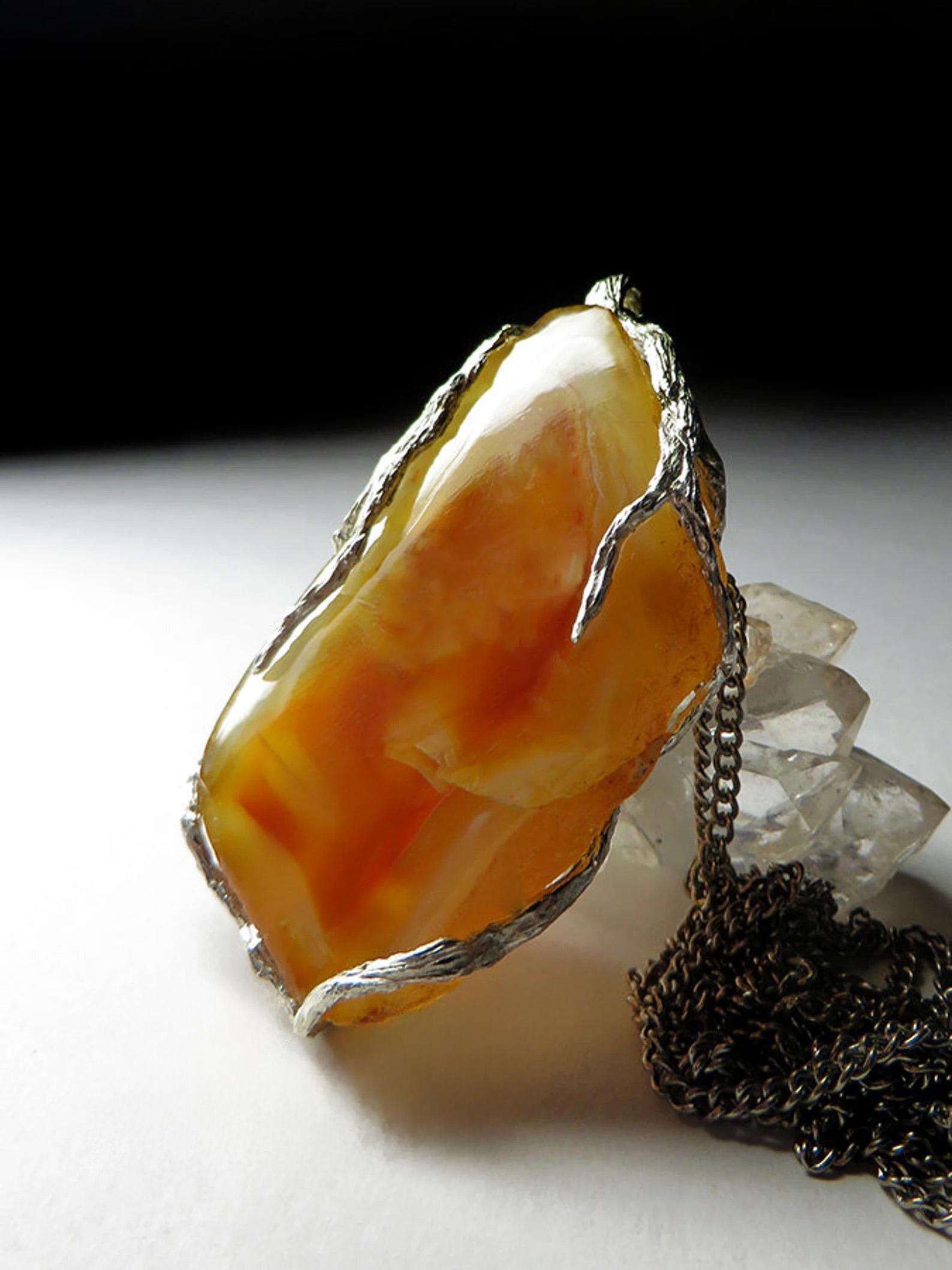 Large Carnelian Silver necklace Statement jewelry Protection pendant wife gift In New Condition For Sale In Berlin, DE