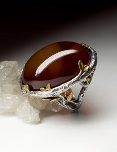 Large Carnelian Silver Ring Cabochon Chocolate Brown Color Natural Gemstone