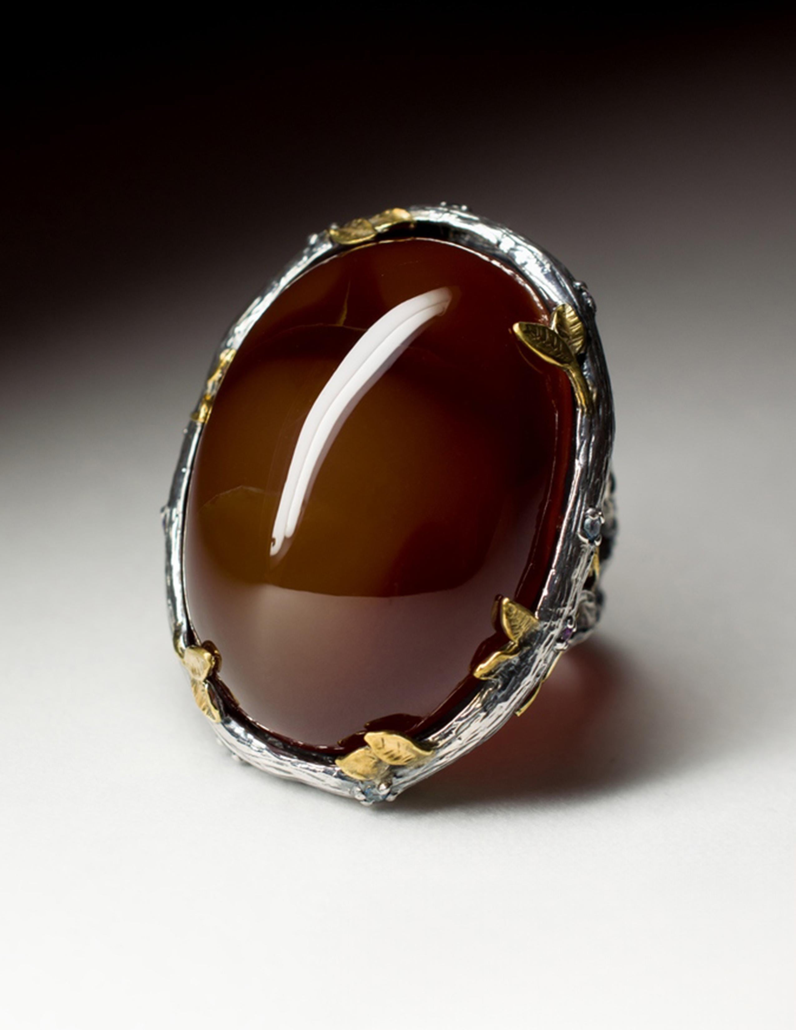 Large Carnelian Silver Ring Cabochon Chocolate Brown Color Natural Gemstone (pierre précieuse naturelle) Neuf - En vente à Berlin, DE