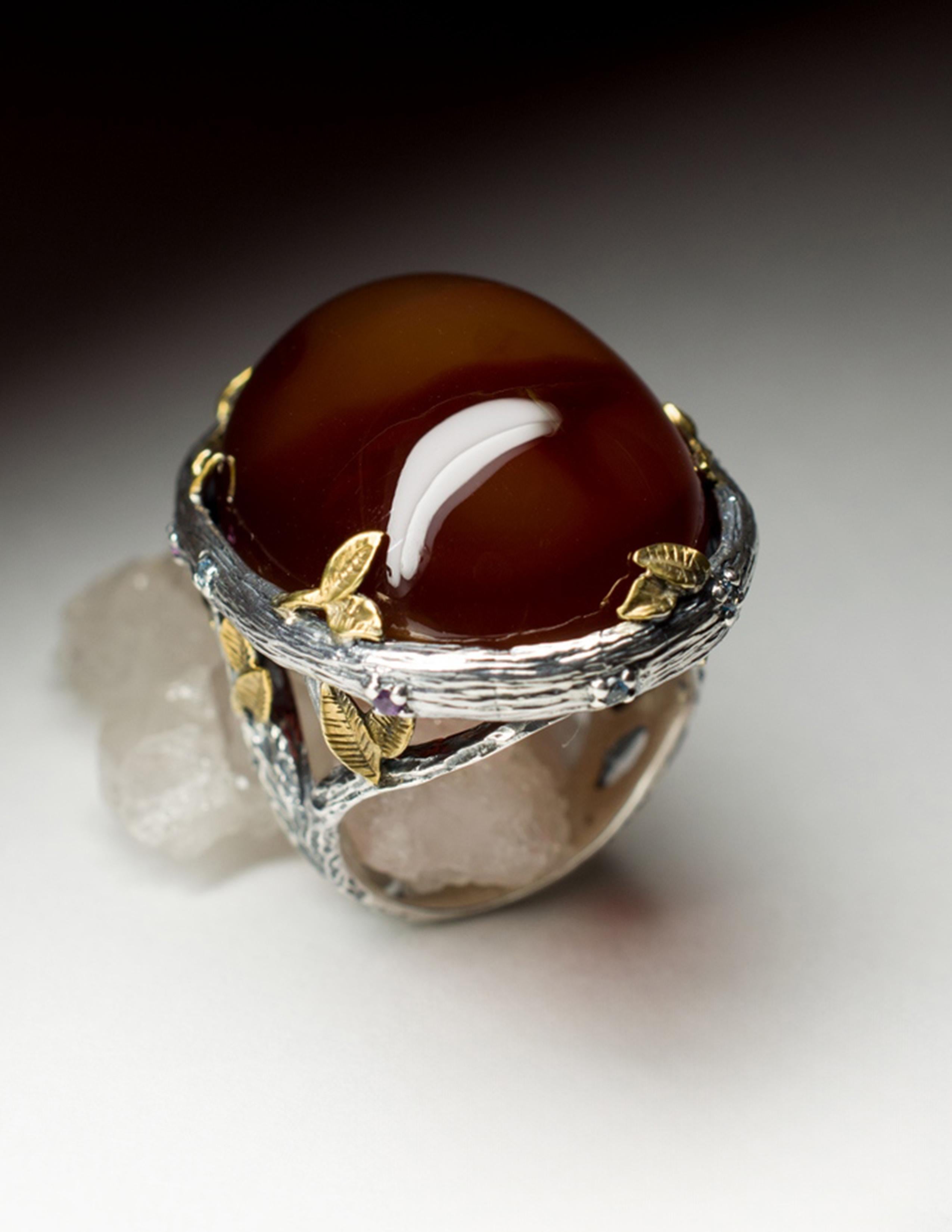 Large Carnelian Silver Ring Cabochon Chocolate Brown Color Natural Gemstone (pierre précieuse naturelle) Unisexe en vente