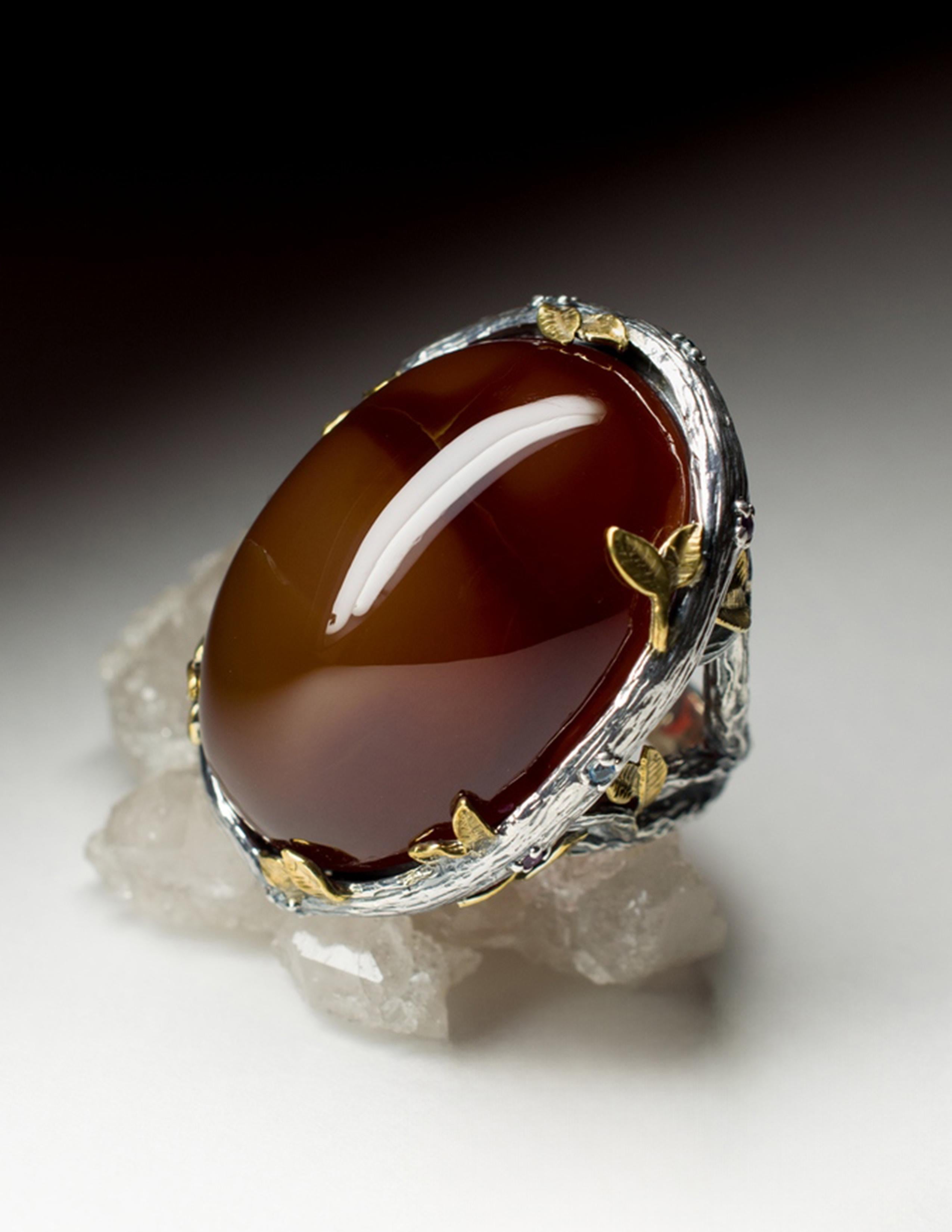 Large Carnelian Silver Ring Cabochon Chocolate Brown Color Natural Gemstone (pierre précieuse naturelle) en vente 1