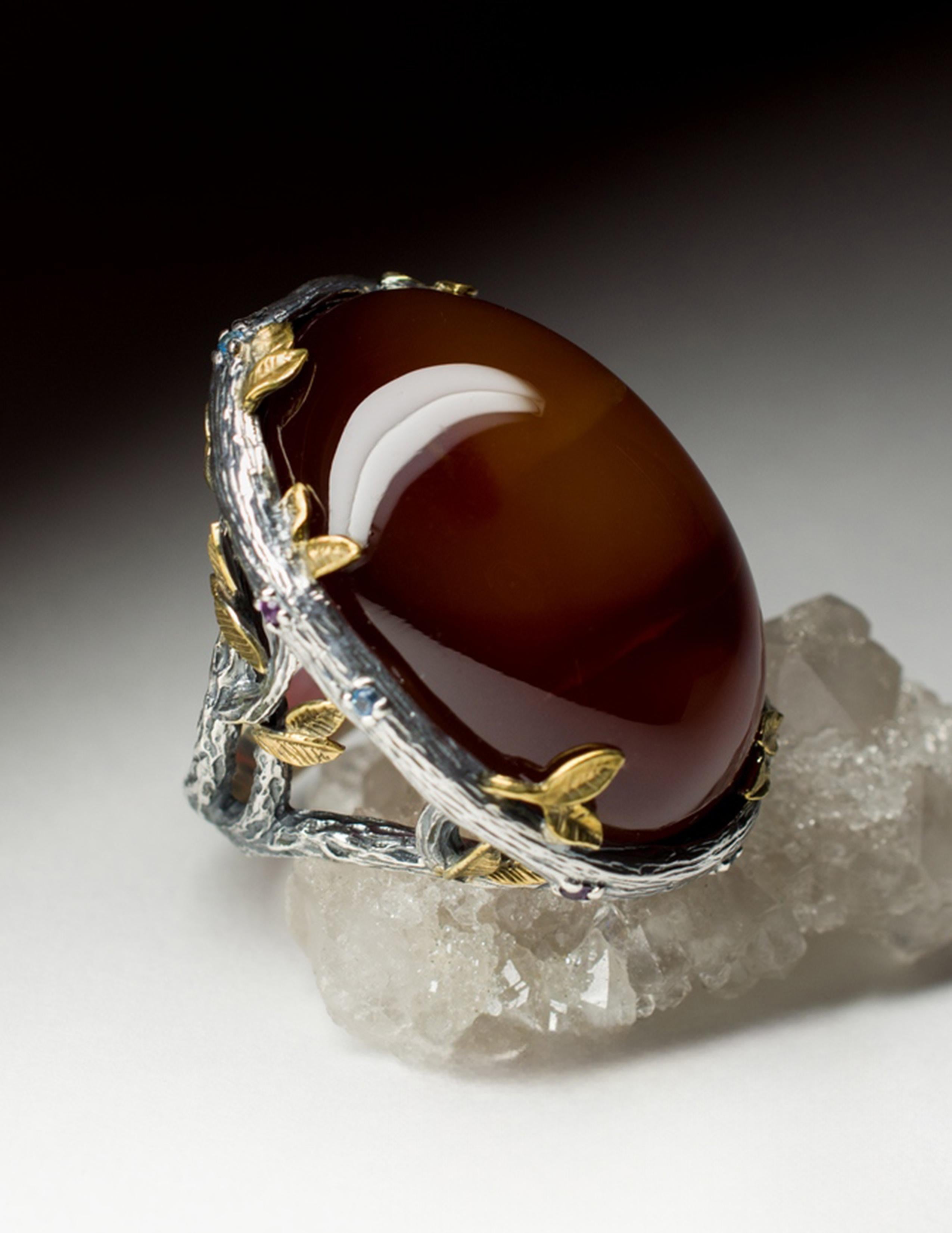 Large Carnelian Silver Ring Cabochon Chocolate Brown Color Natural Gemstone (pierre précieuse naturelle) en vente 2