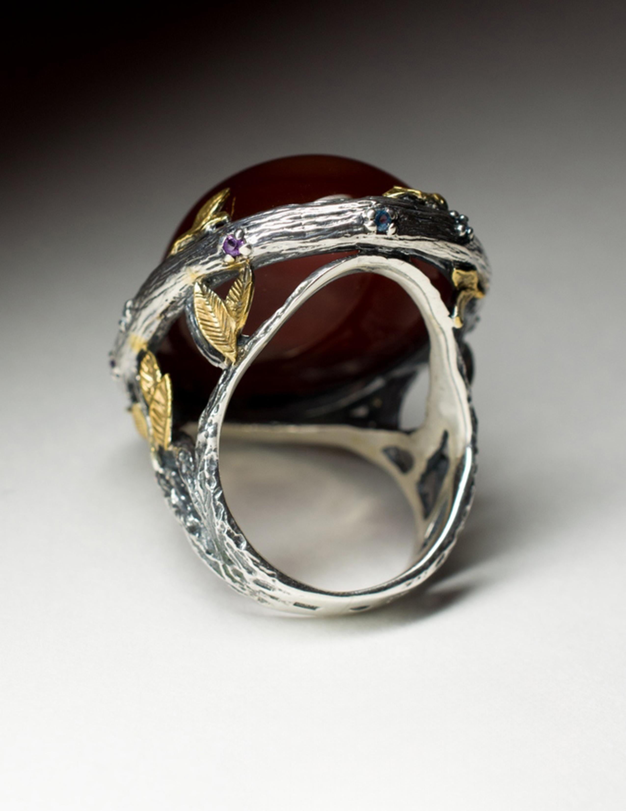 Large Carnelian Silver Ring Cabochon Chocolate Brown Color Natural Gemstone (pierre précieuse naturelle) en vente 3