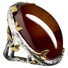 Large Carnelian Silver Ring Cabochon Chocolate Brown Color Natural Gemstone