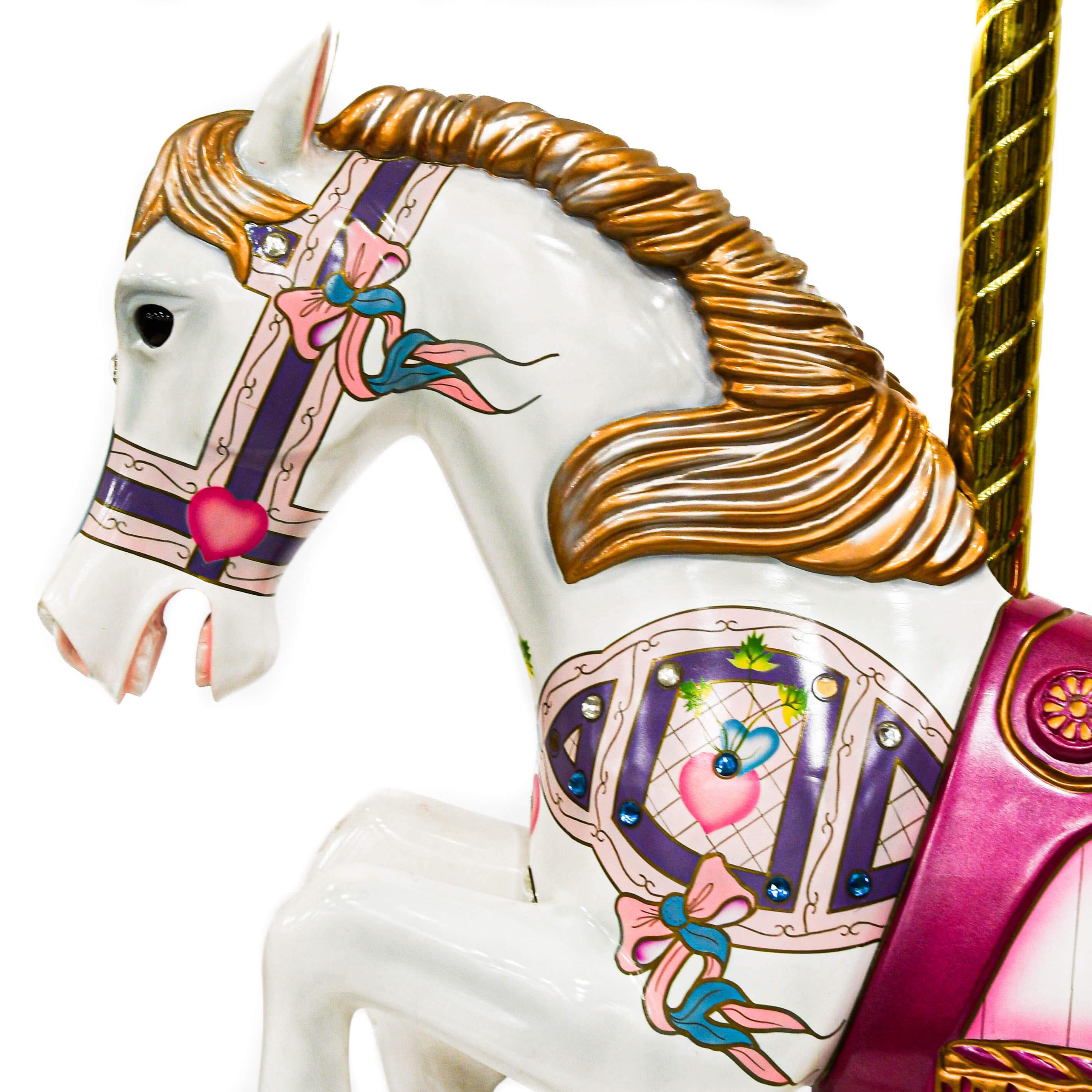 This Large Carousel Horse on Rockers captures the charm of vintage amusement rides with its whimsical, oversized form and bold detailing. The sculpted horse features a flowing mane, painted bright pink saddle, and ornamental panels featuring heart