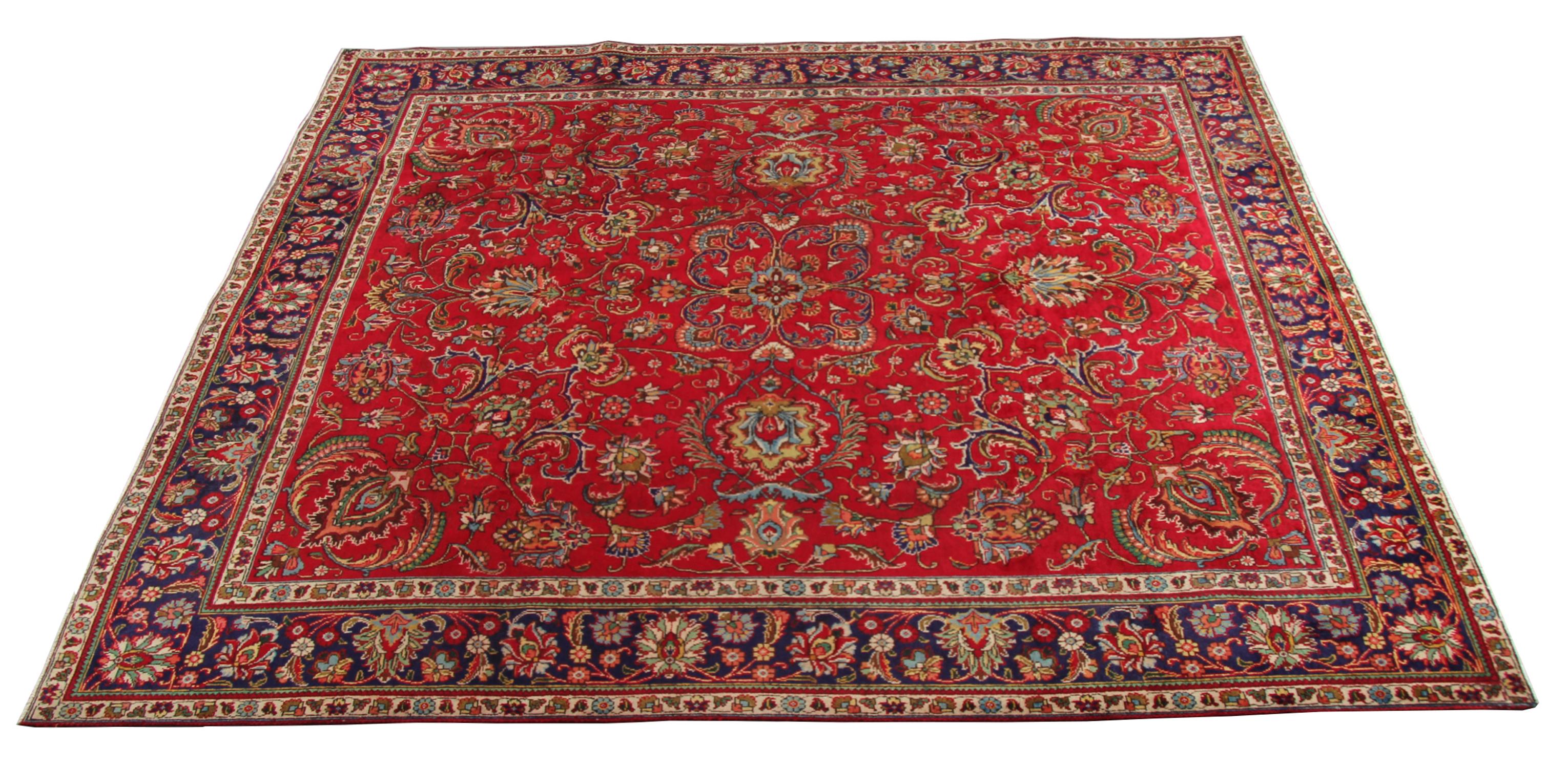 Decorated with a fantastic symmetrical medallion design, adorned with a high level of detail and a fantastic colour pallet including red, blue, rust and cream. This elegant design is sure to uplift any room it’s introduced to. These handmade