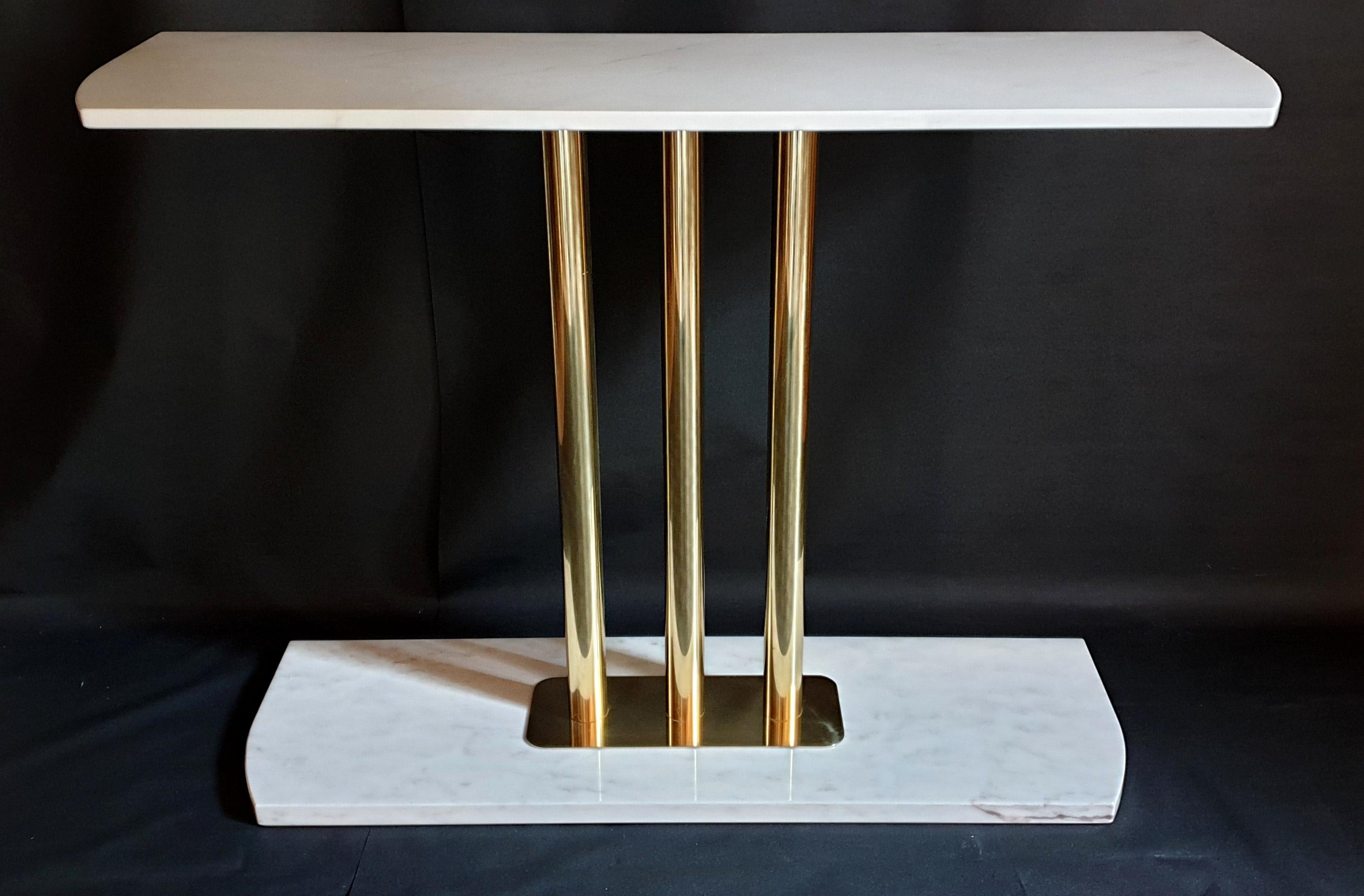 Italian White and Gray Carrara Marble and Brass Mid-Century Modern Console Table, Italy