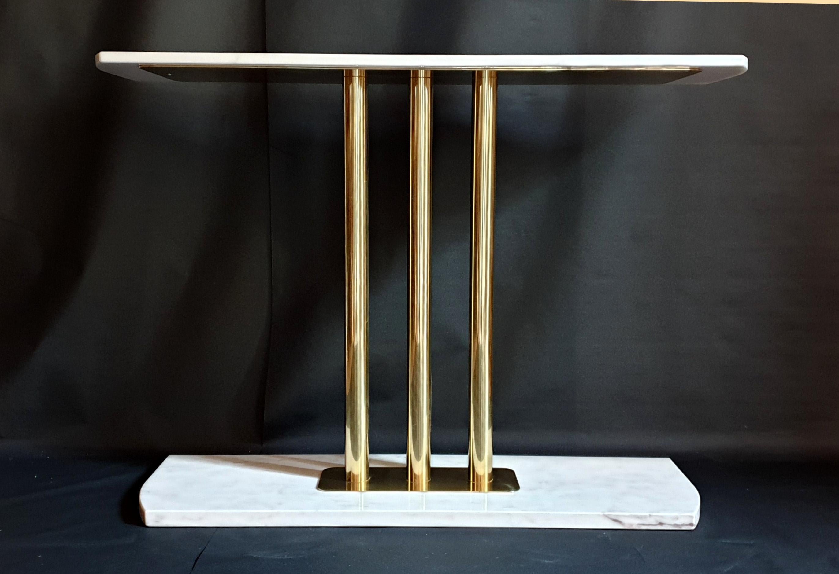 White and Gray Carrara Marble and Brass Mid-Century Modern Console Table, Italy 1