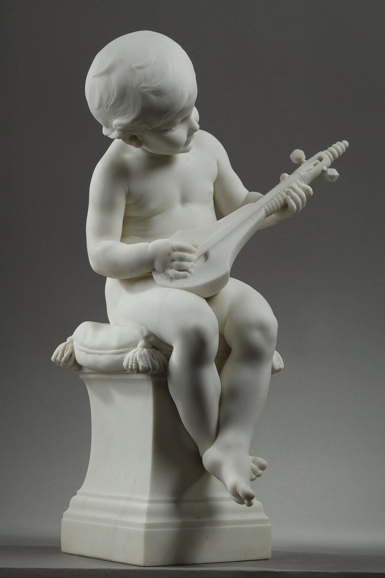 Grand marbre de Carrare de Barrias, Le Petit Musician Bon état - En vente à Paris, FR