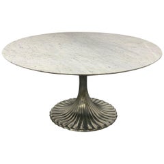 Large Round Carrara Marble-Top Dining Table with Cast Aluminum Base