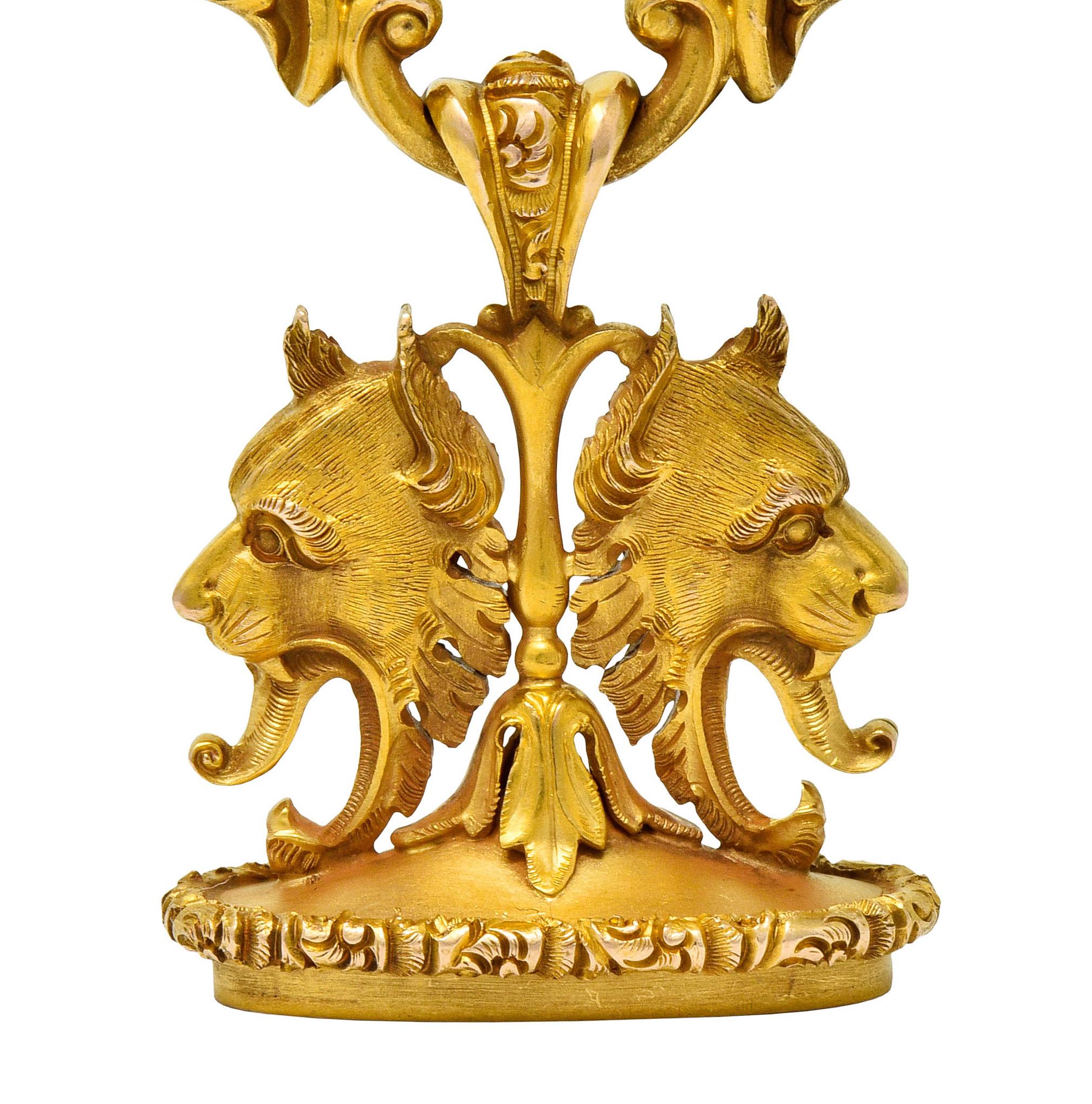 Large Carter & Gough Art Nouveau 14 Karat Gold Lion Fob Charm Pendant In Excellent Condition In Philadelphia, PA