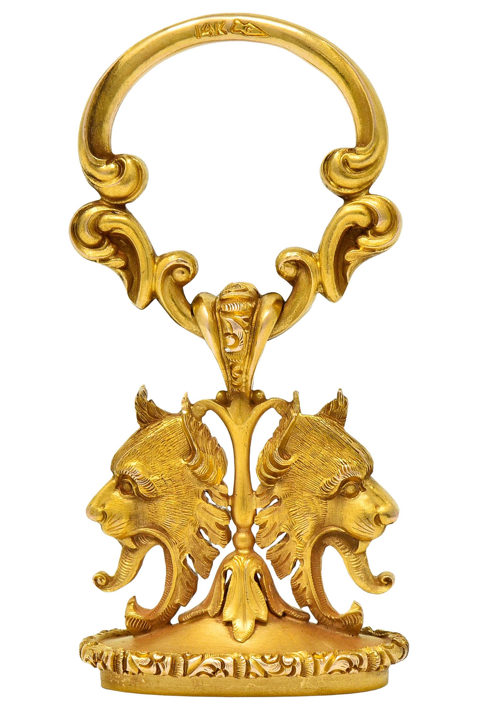 Women's or Men's Large Carter & Gough Art Nouveau 14 Karat Gold Lion Fob Charm Pendant