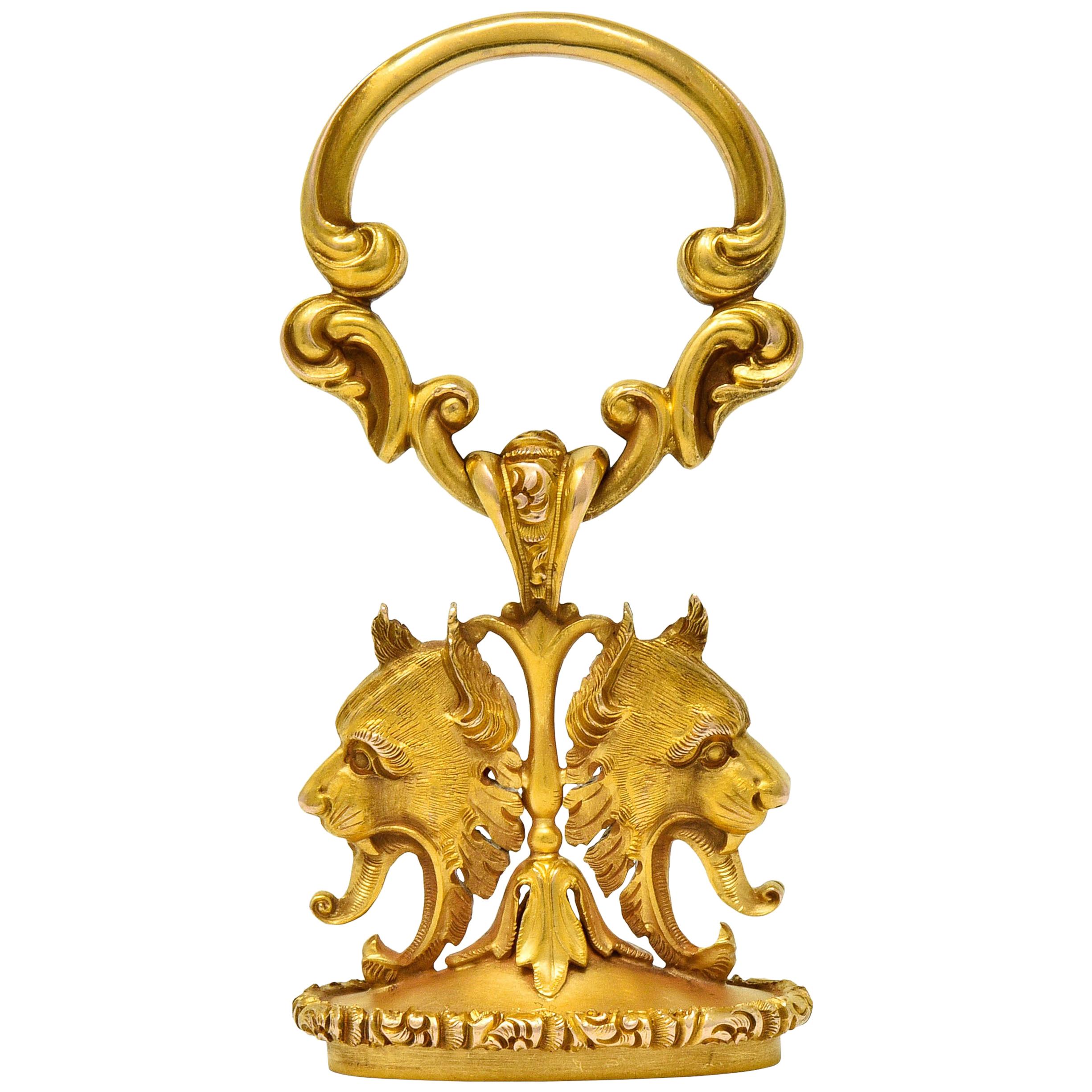 Large Carter & Gough Art Nouveau 14 Karat Gold Lion Fob Charm Pendant