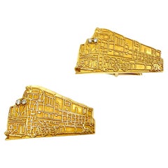 Large Cartier Art Deco Travel Interest Diamond 18K Gold Orient Express Cufflinks